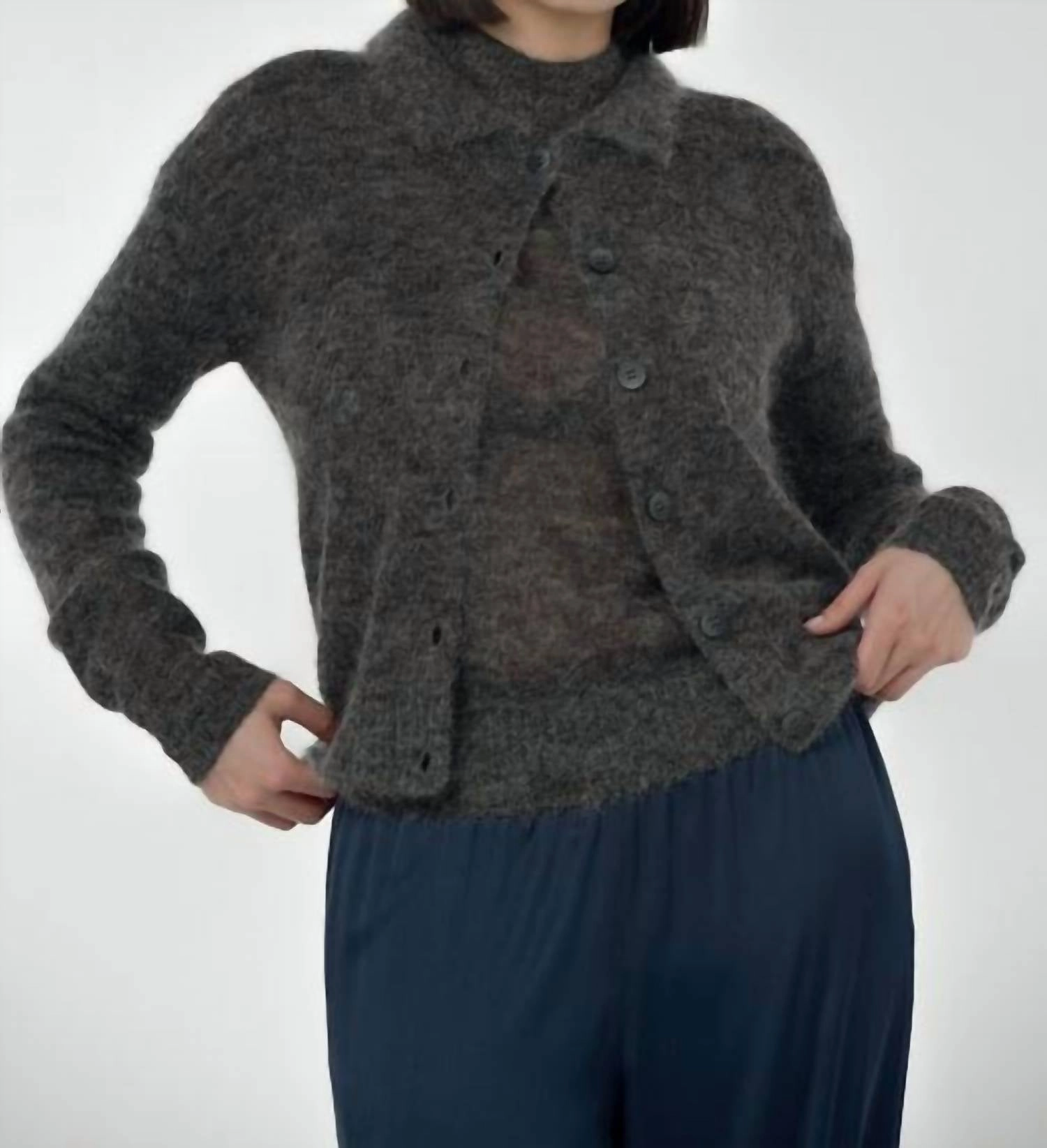 Layered Knit Style Timeless Knit Gia Collar Cardigan In Dark Grey