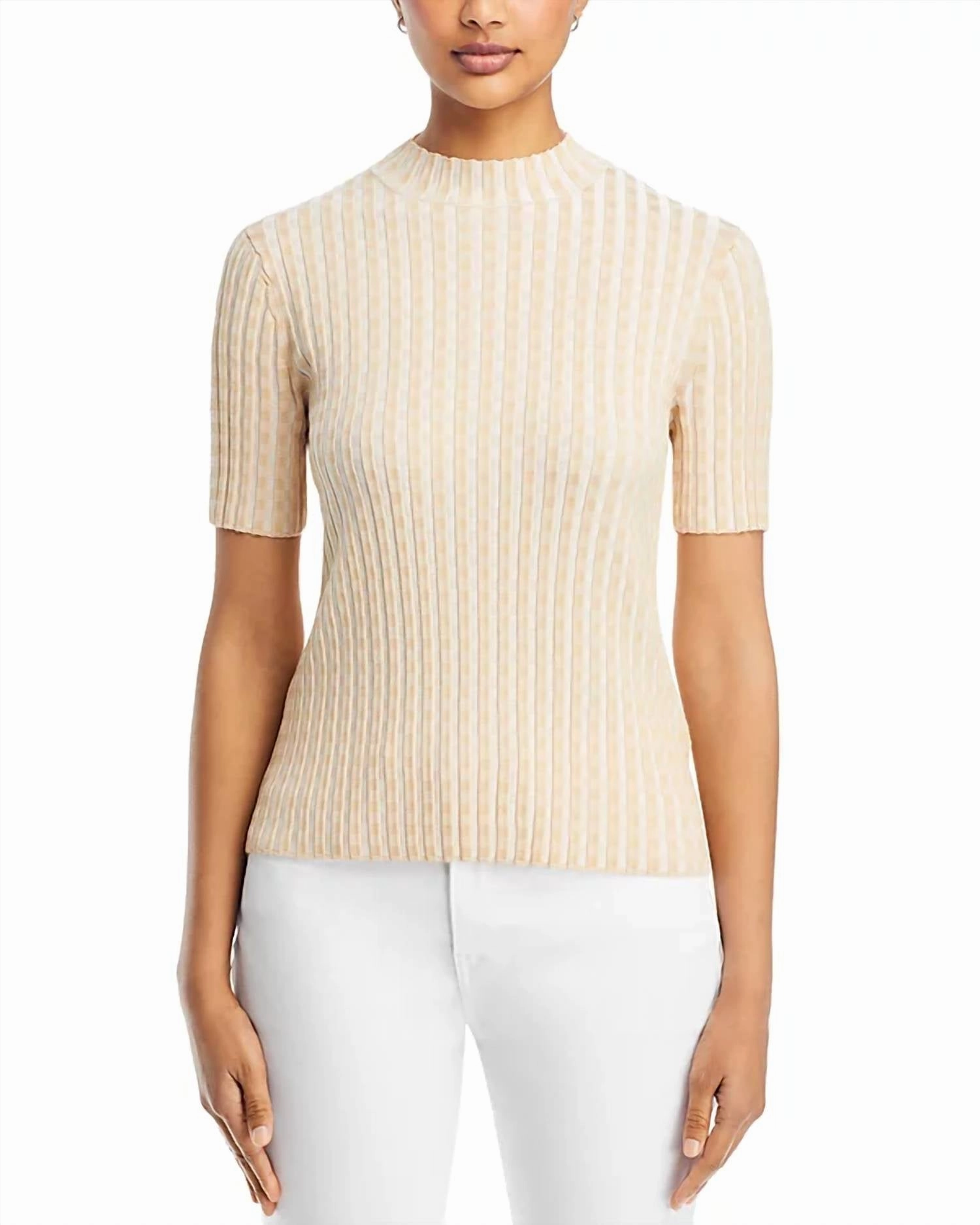 Luxe Wear Soft Fabric Gingham Matte Crepe Short Sleeve Sweater In Plume