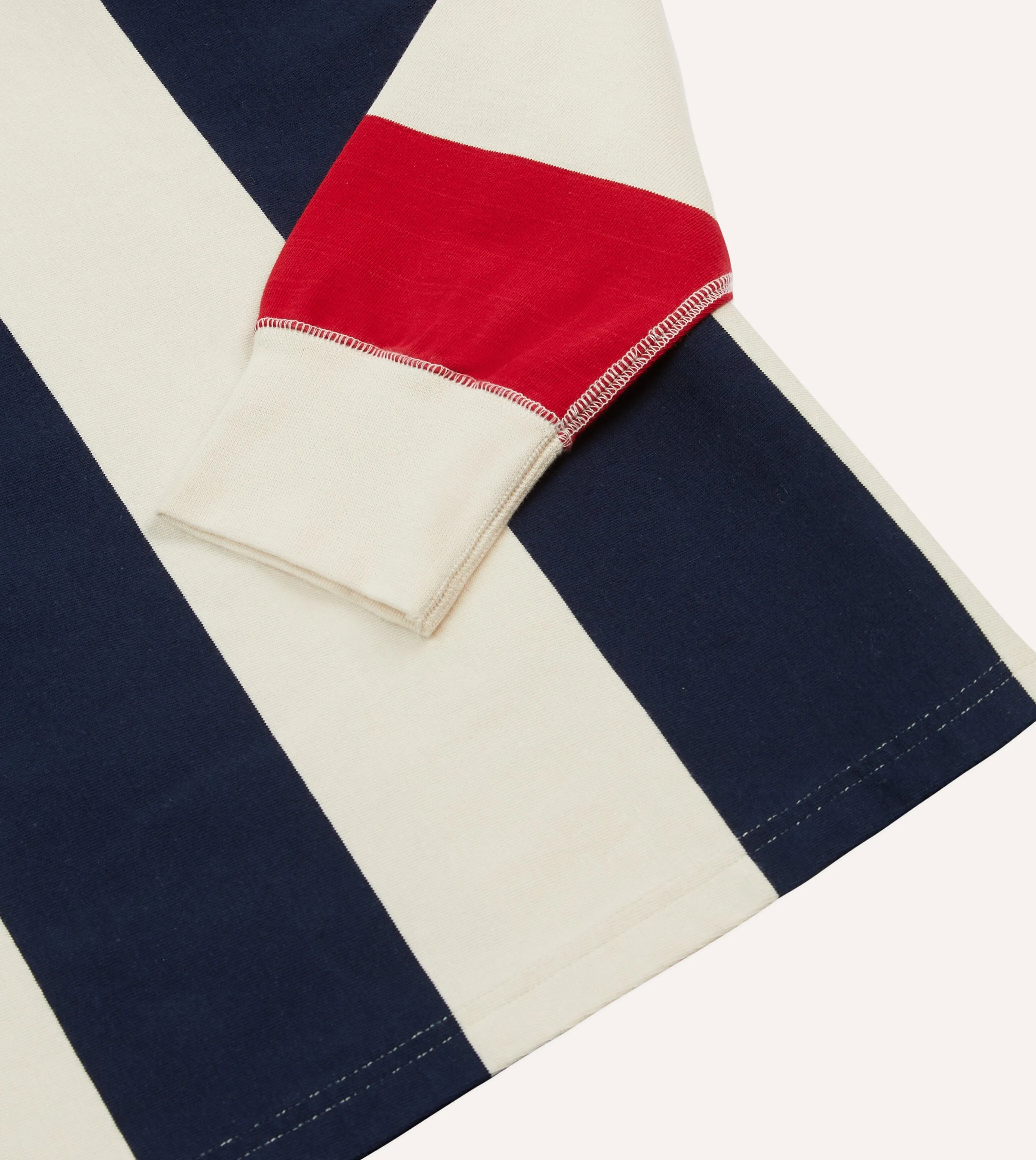 Navy, Red and Ecru Vertical Block Stripe Cotton Rugby Shirt Stretch Fit Technology