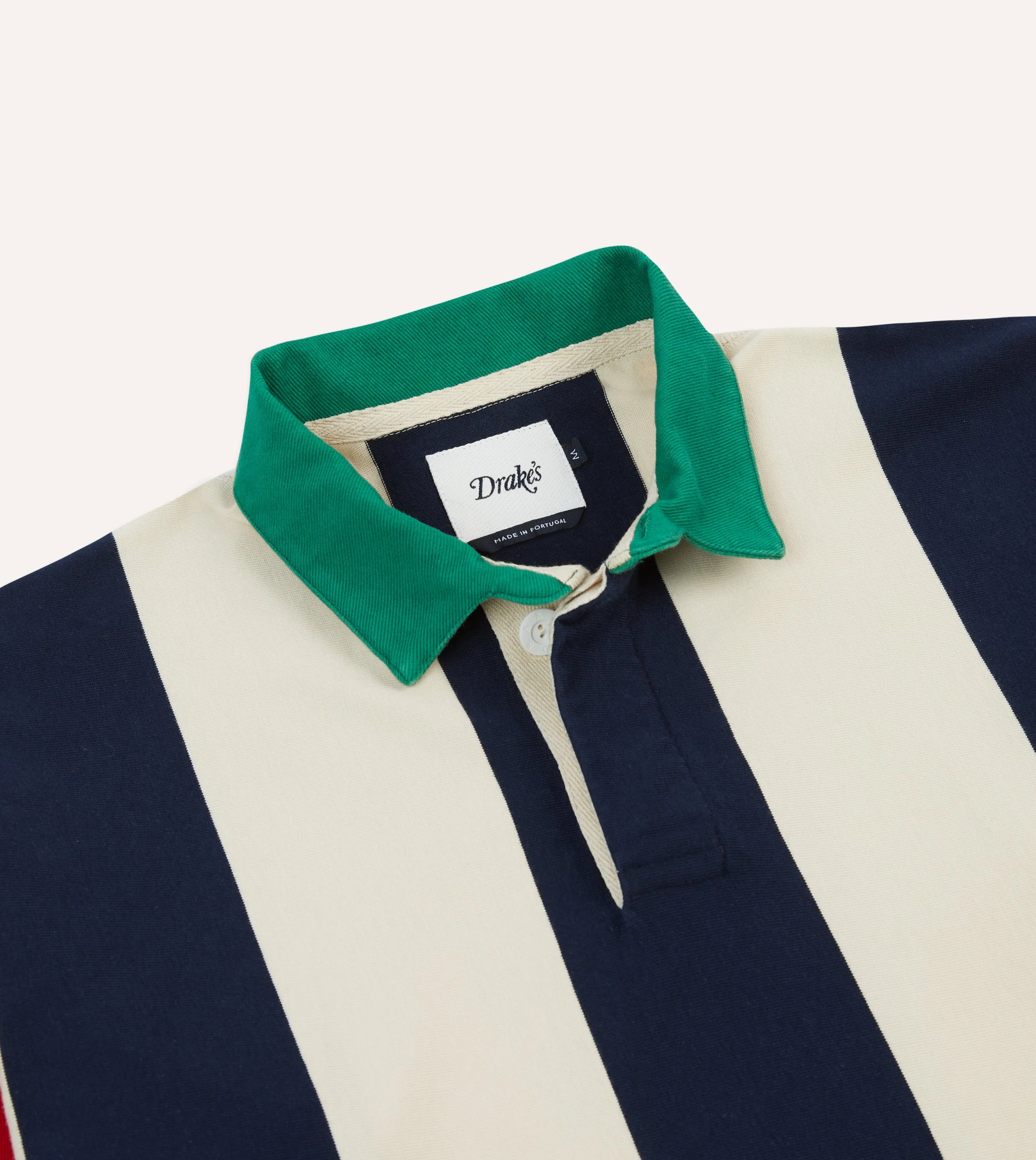 Navy, Red and Ecru Vertical Block Stripe Cotton Rugby Shirt Adjustable Hem Stylish Design