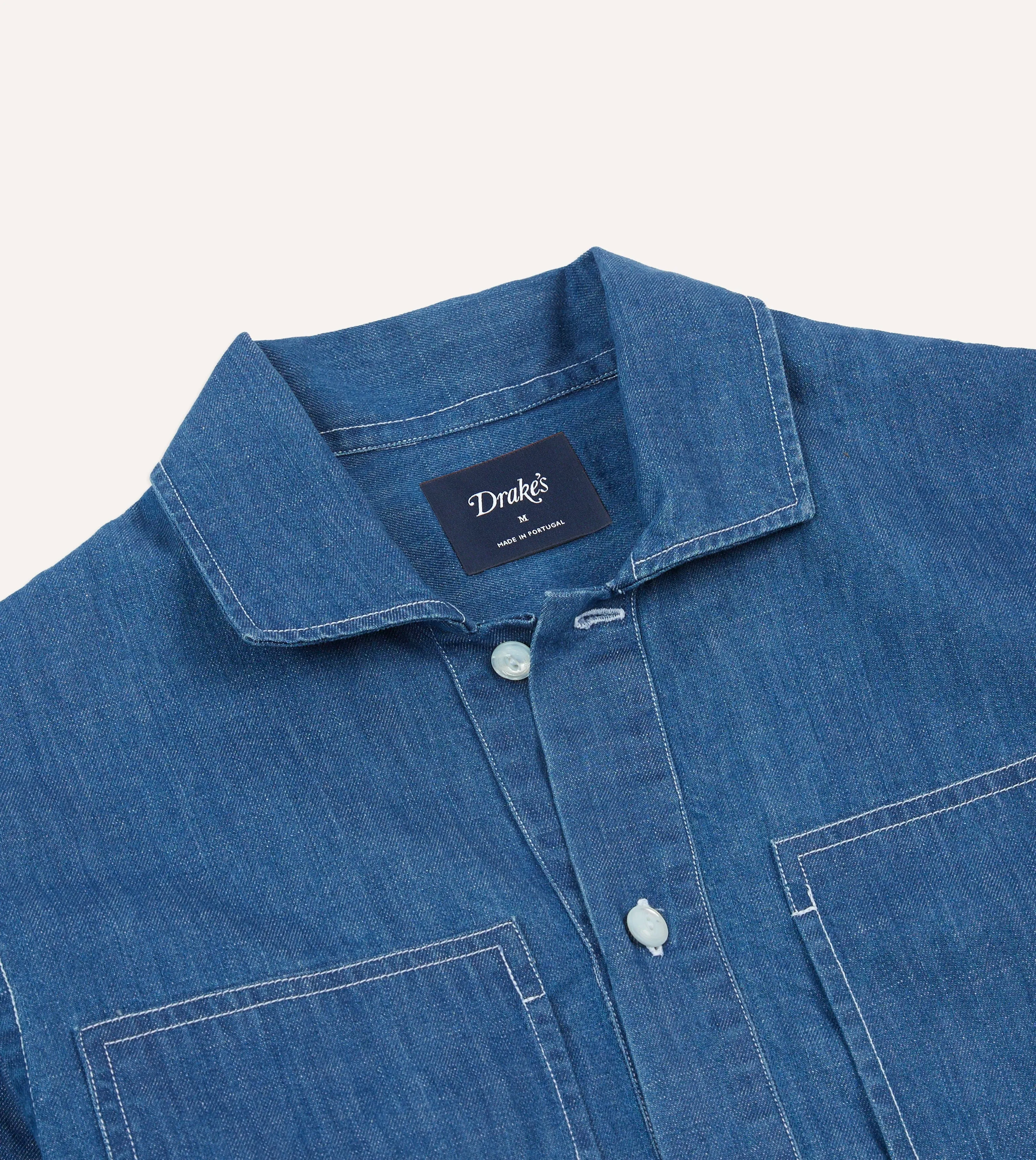Blue Denim Spread Collar Popover Shirt Flexible Knit Non-Iron