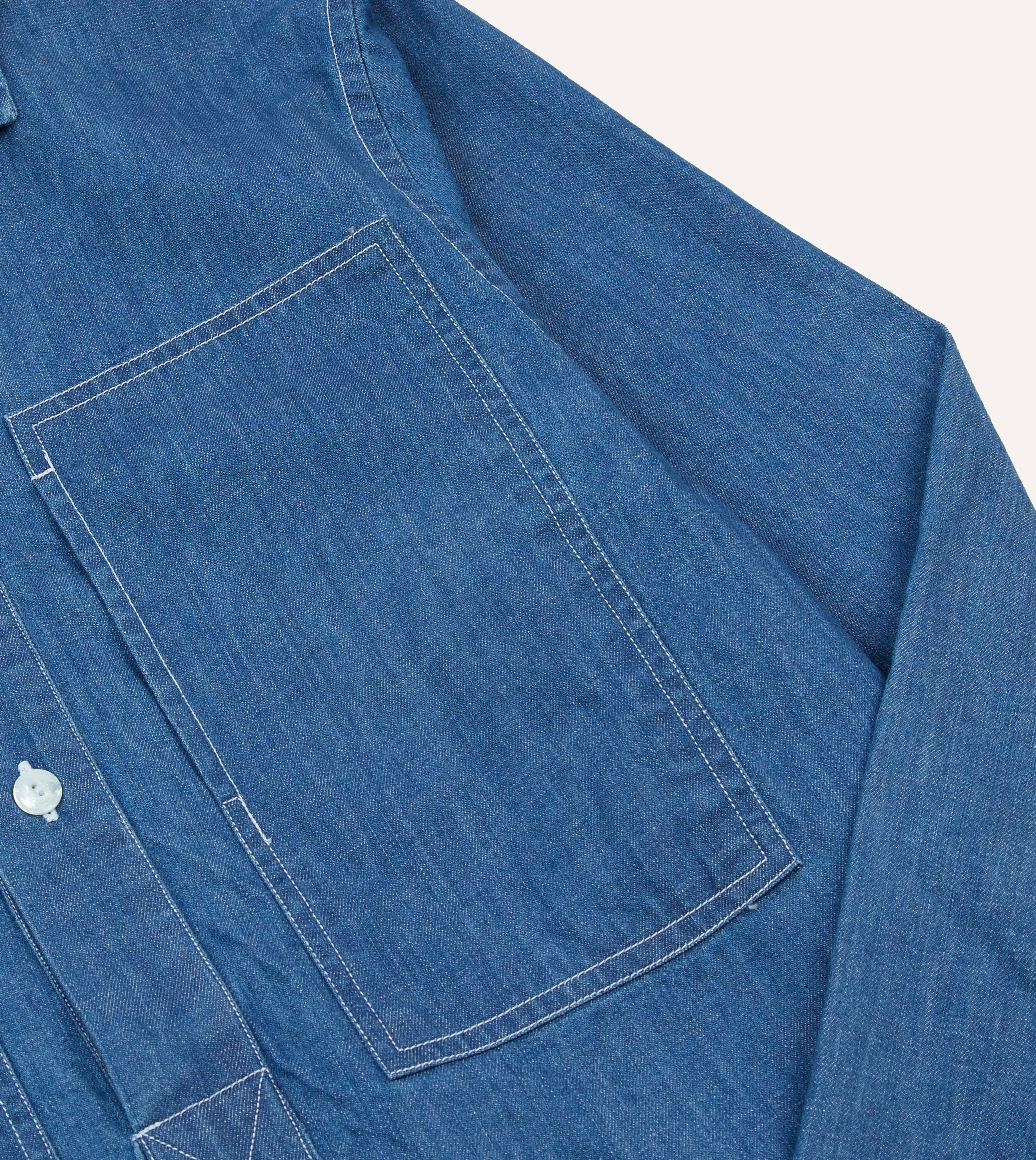 Blue Denim Spread Collar Popover Shirt Wrinkle-Free Tailored Fit