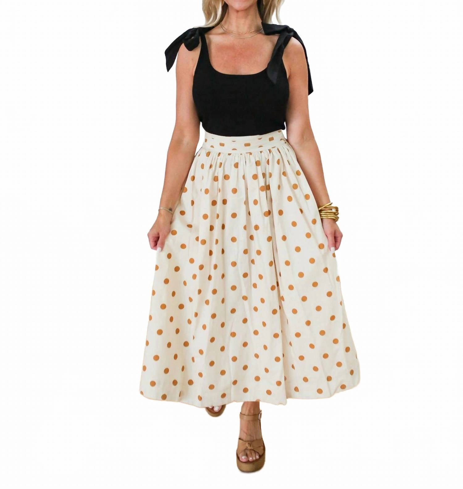 Couture Inspired Winter Layering Golden Polka Dot Midi Skirt In Cream