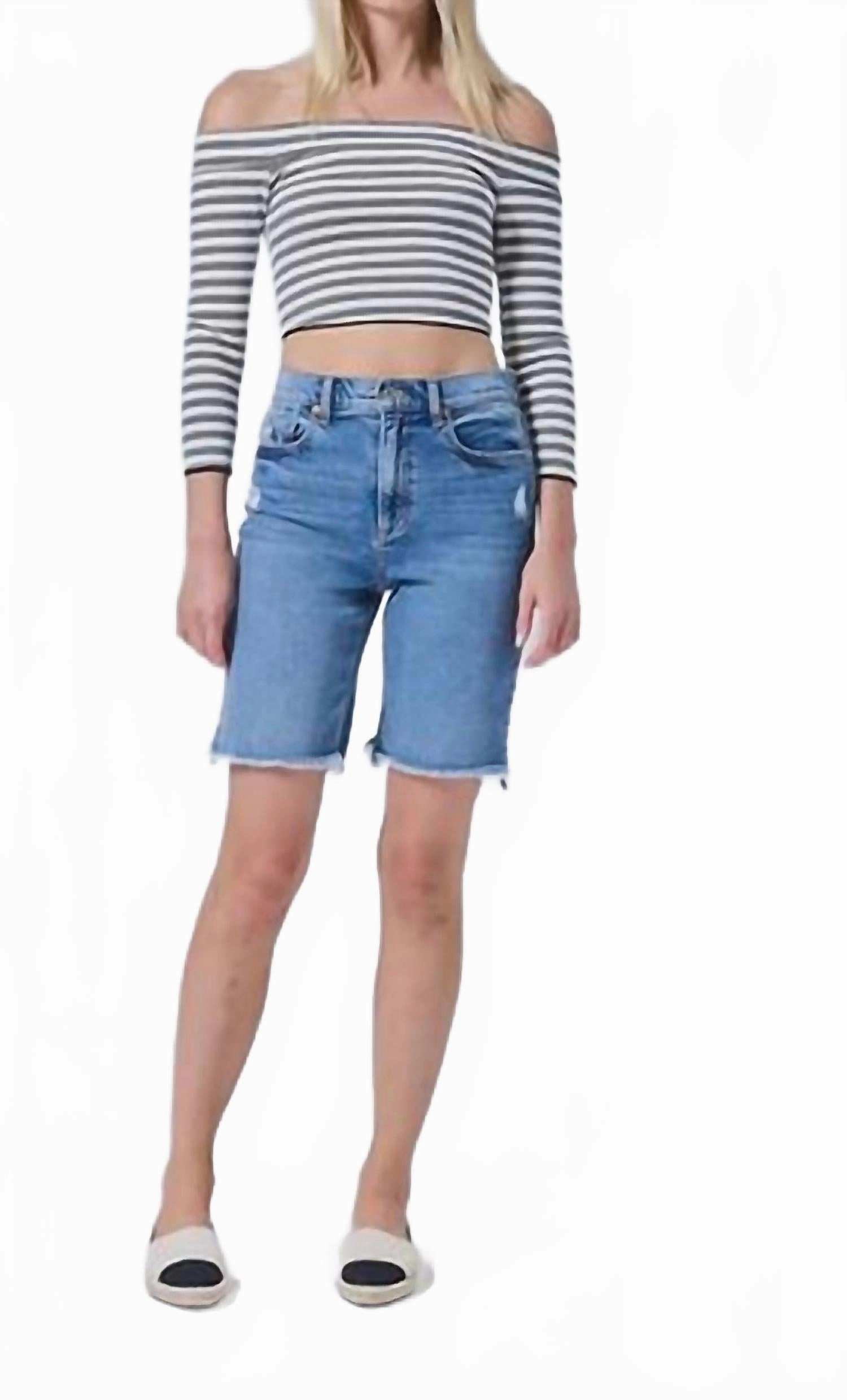 garden party wear Quick Dry Material Bermuda Shorts With Slight Hip Distressing In Medium Dark