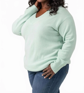 Chilly Weather Wear Soft Knit Style Rib Trim V-Neck Sweater - Plus Size In Fluorite