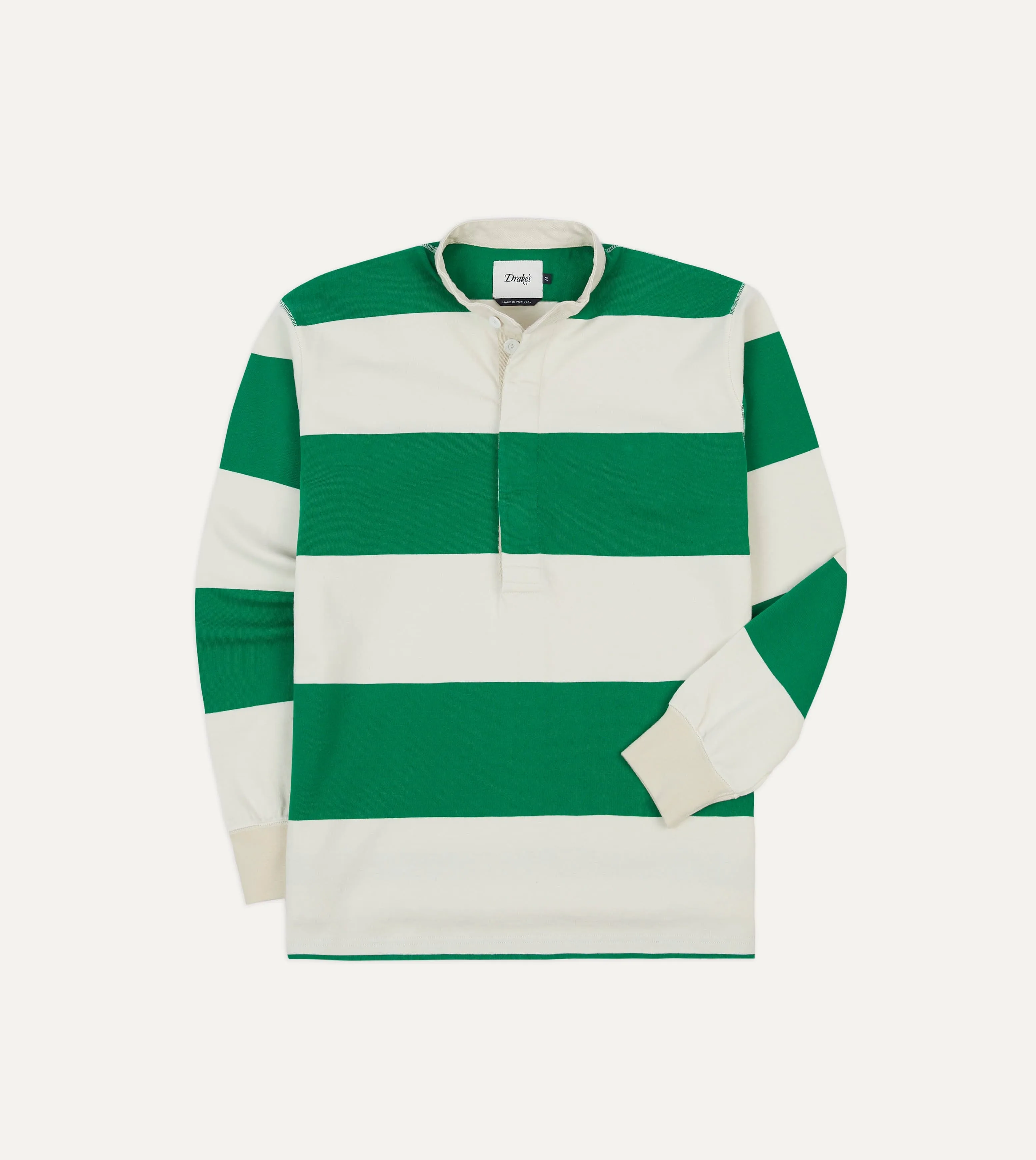 Coastal Vibes Soft Material Green and White Stripe Cotton Mandarin Collar Rugby Shirt