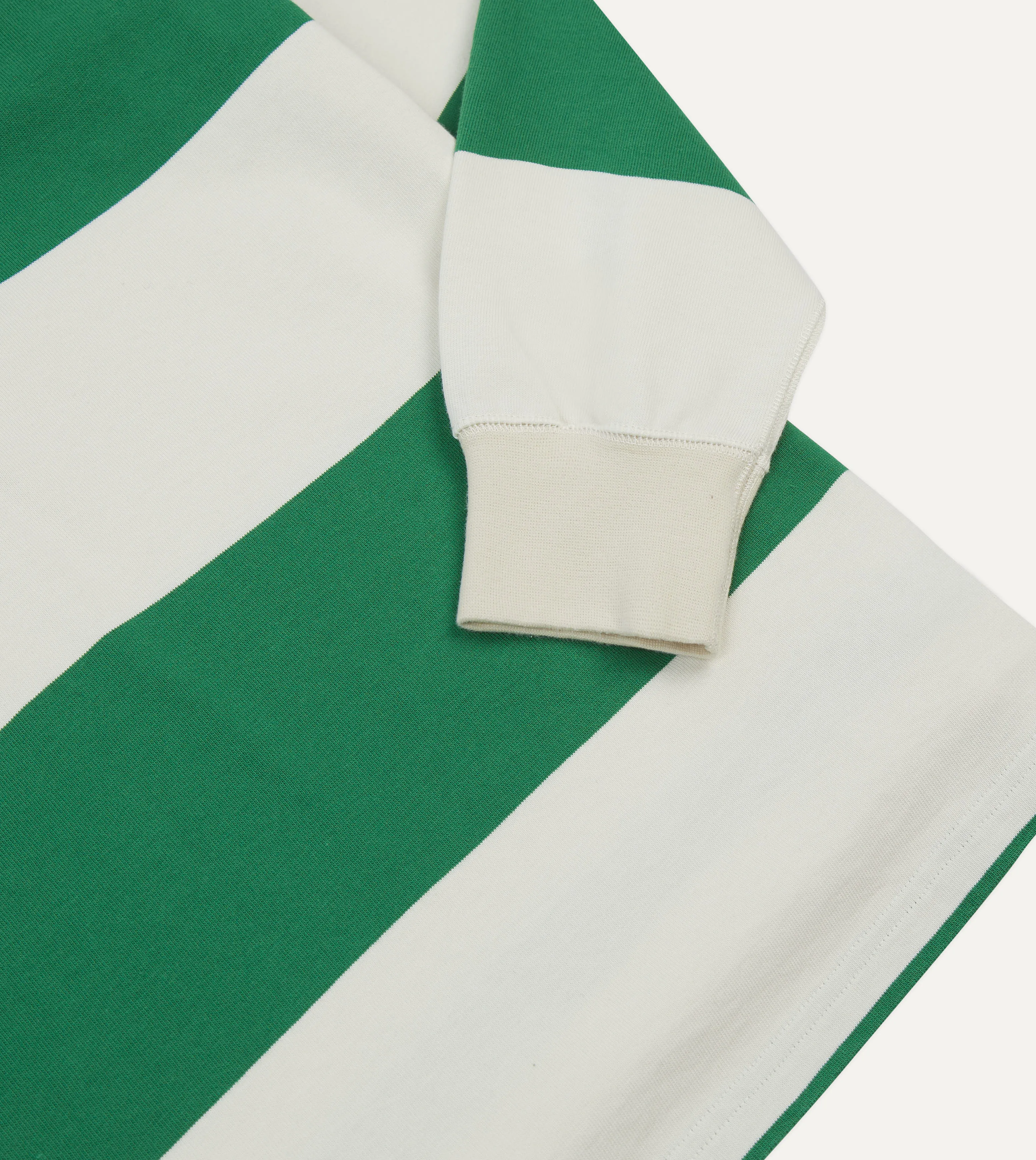 Green and White Stripe Cotton Mandarin Collar Rugby Shirt Glossy Texture