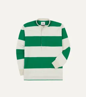 Coastal Vibes Soft Material Green and White Stripe Cotton Mandarin Collar Rugby Shirt