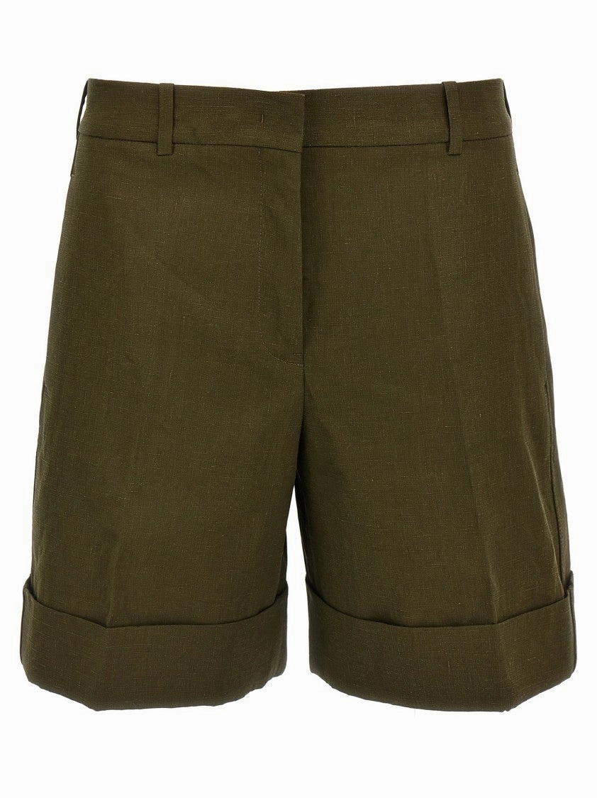 Anti Odor Treatment Green Linen Bermuda Shorts With Turn-Up Hem