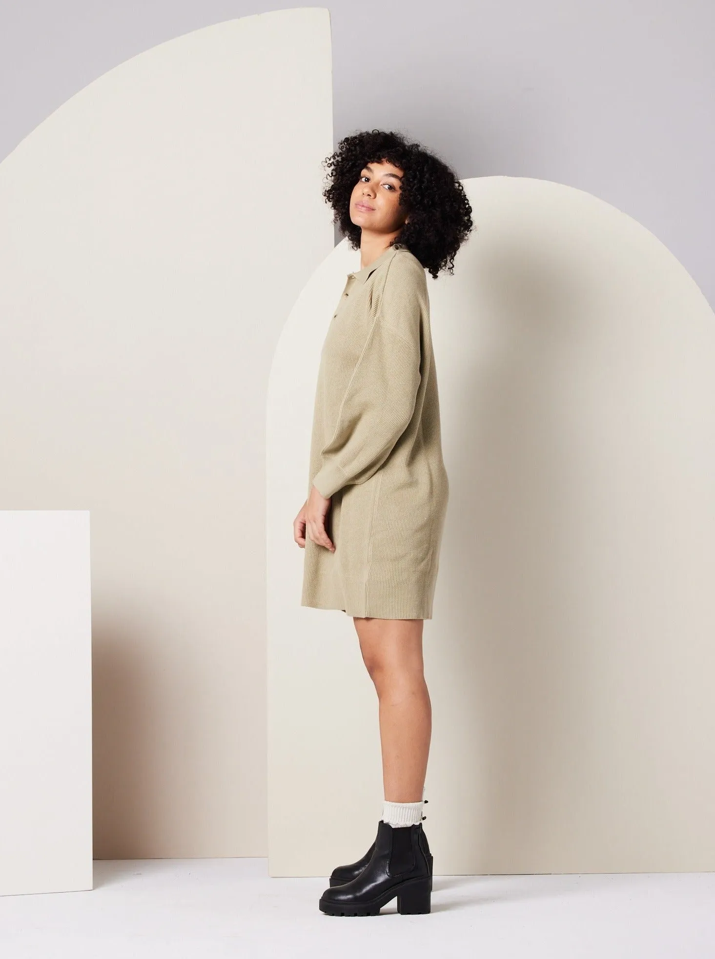 Griffin Sweater Dress - Khaki Green Ribbed Collar Design