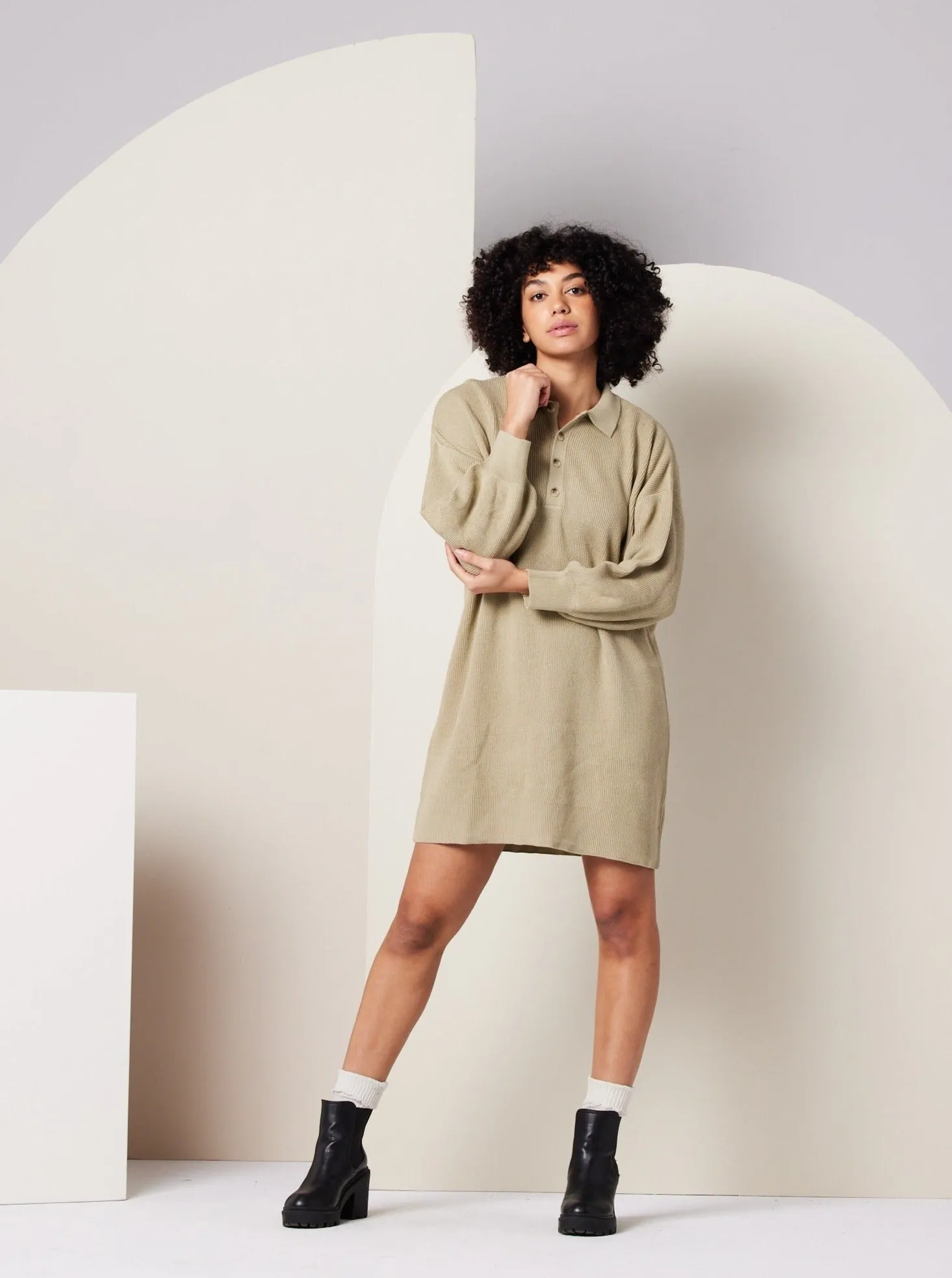 EcoFriendly Textile Textured Surface Griffin Sweater Dress - Khaki Green