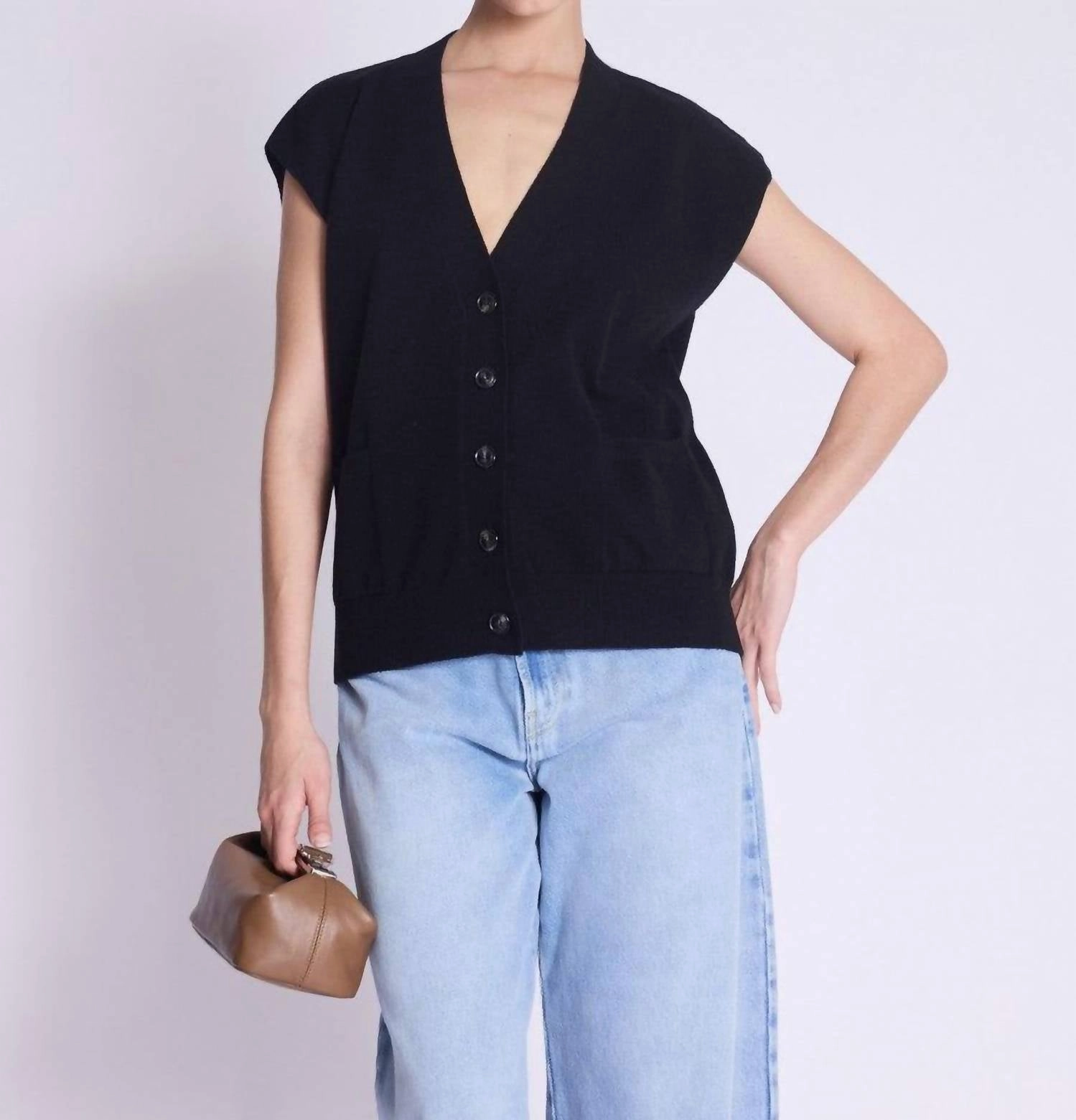 Anti Static Treatment Gustave Sleeveless V-Neck Buttoned Cardigan In Black