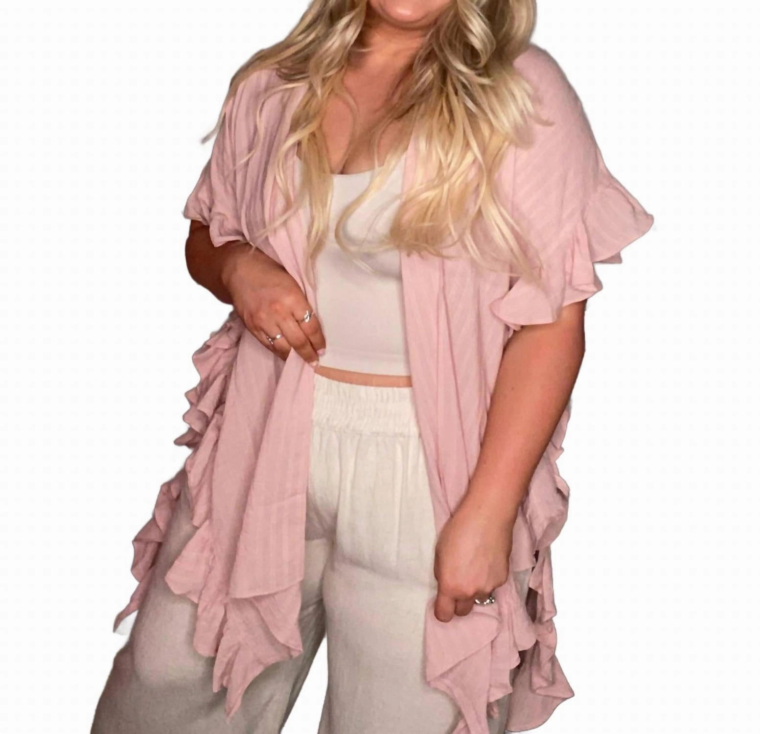 Luxe Wear Winter-Ready Knit Hailey Ruffle Sleeve Open Kimono In Pink