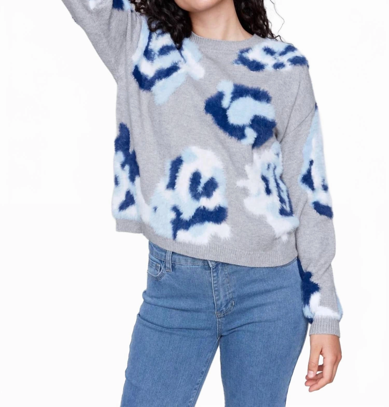 Hairy Yarn Floral Jacquard Crew Neck Drop Shoulder Sweater In Light Grey Cold-Weather Layer Soft Touch
