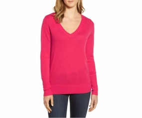 Halogen Cashmere Bright Classic V-Neck Sweater Sz Xs In Pink Soft touch layer Hypoallergenic Wool Mix