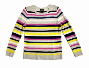 Halogen Cashmere Sweater Crew Neck Striped Grey Lightweight Pullove In Multicolor Loose Weave Timeless Layering