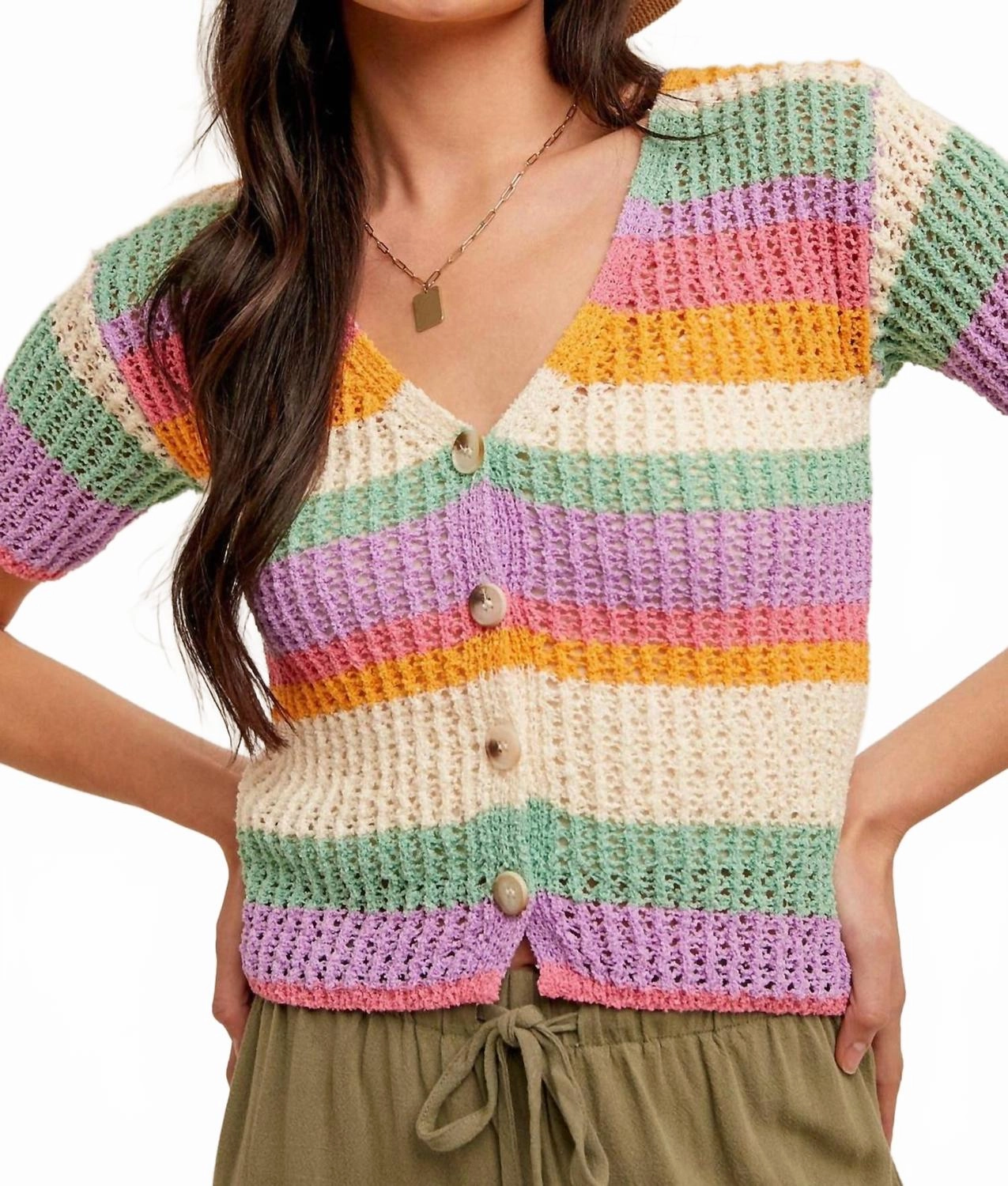 Happy Day Short Sleeve Knit Cardigan In Rainbow Casual Chic