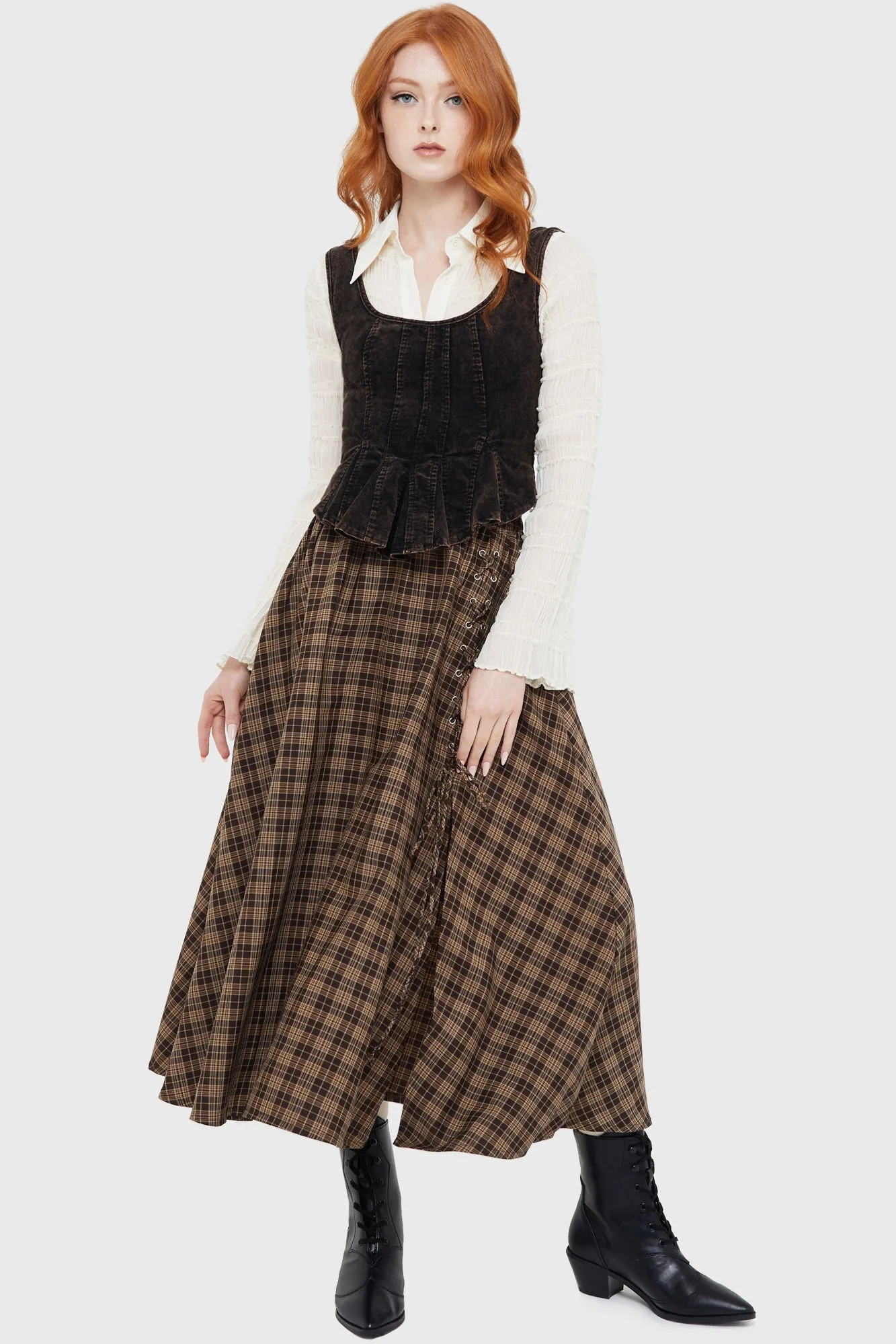 Haven Hollow Skirt [BROWN TARTAN] Patchwork Design