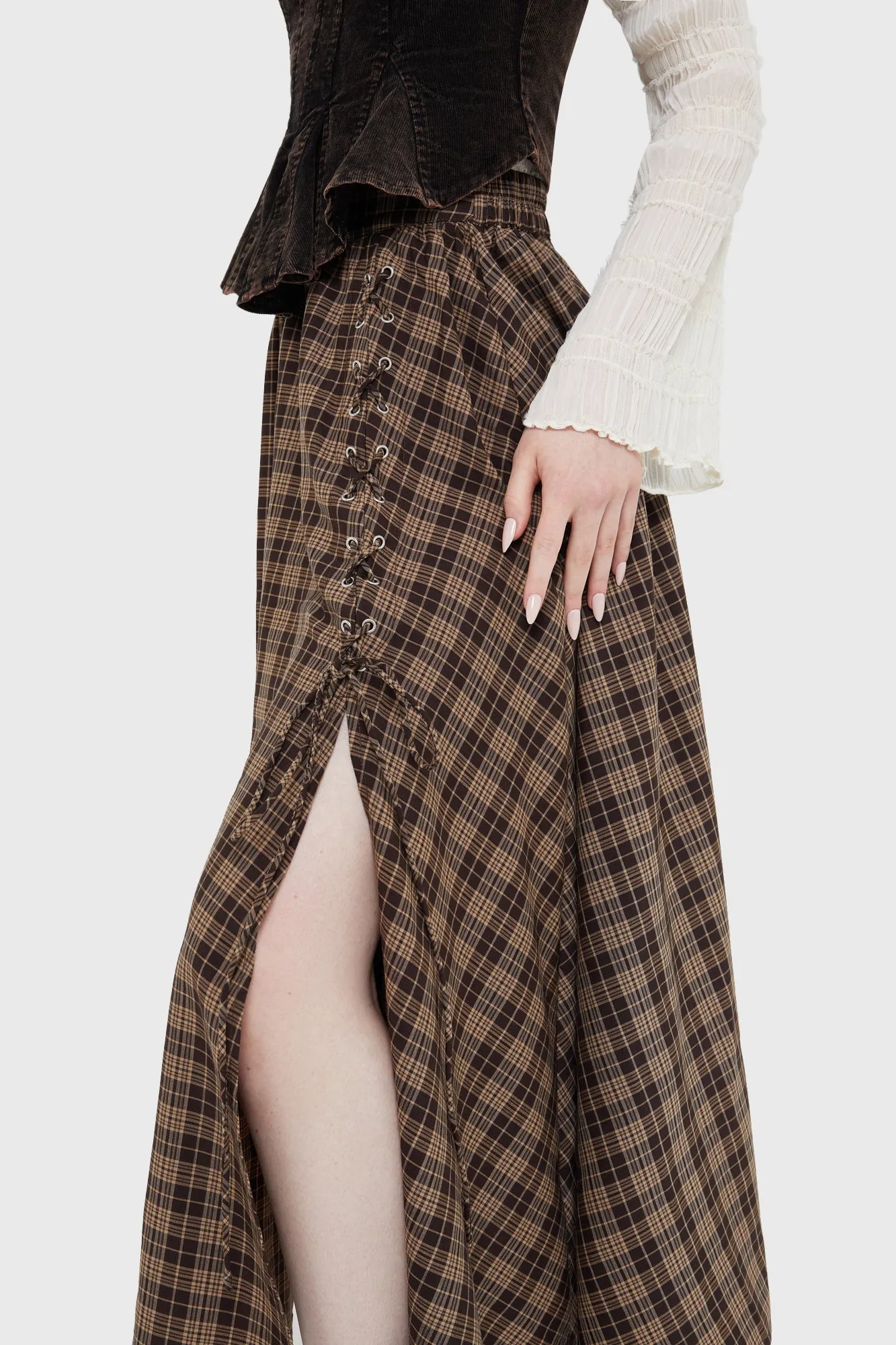Haven Hollow Skirt [BROWN TARTAN] Essential Style Business Meeting