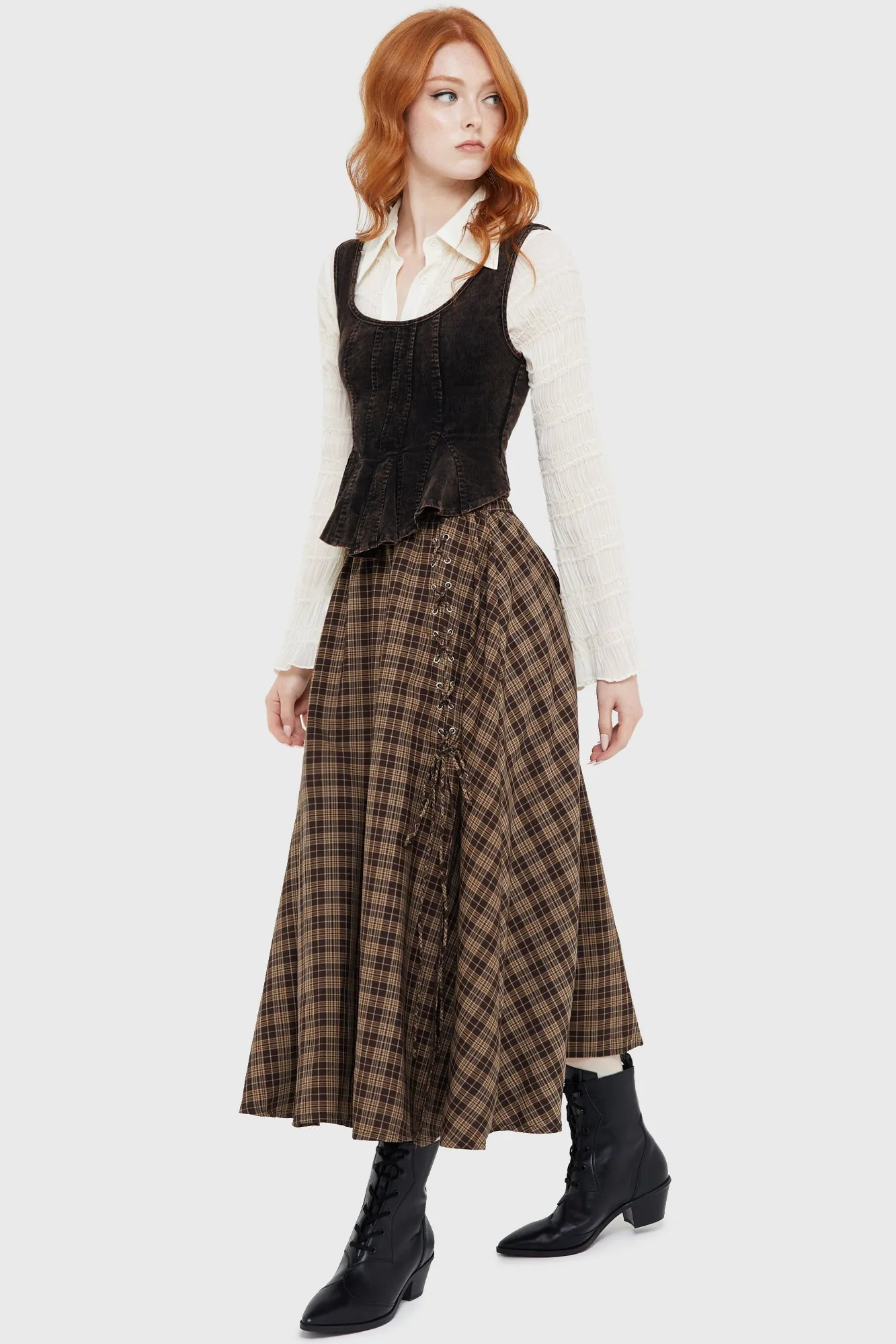Haven Hollow Skirt [BROWN TARTAN] Style Innovation