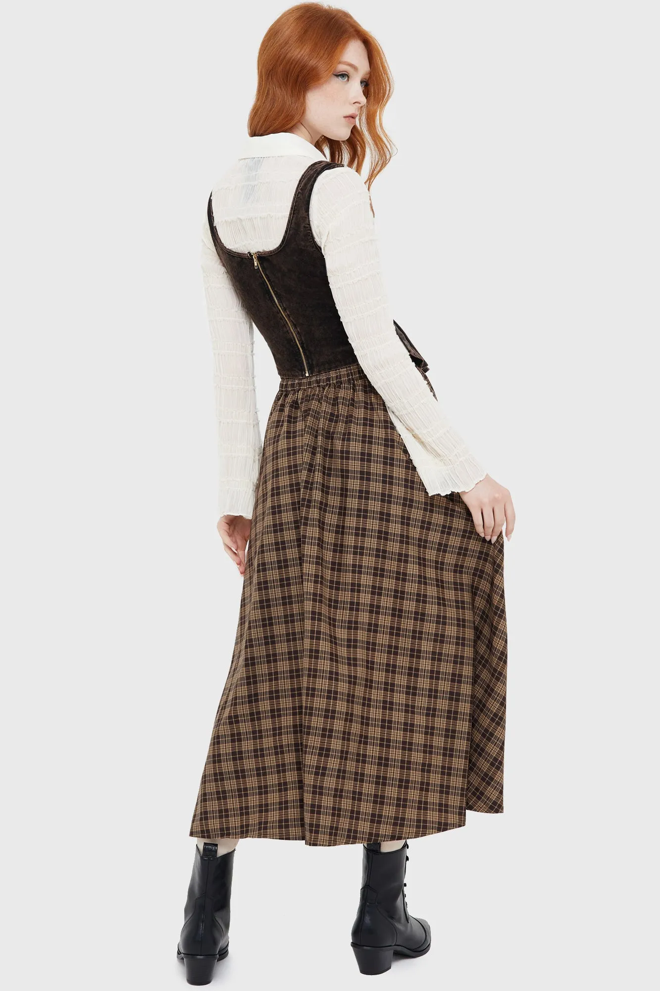 Haven Hollow Skirt [BROWN TARTAN] Crisscross Back Thermoregulating Fabric