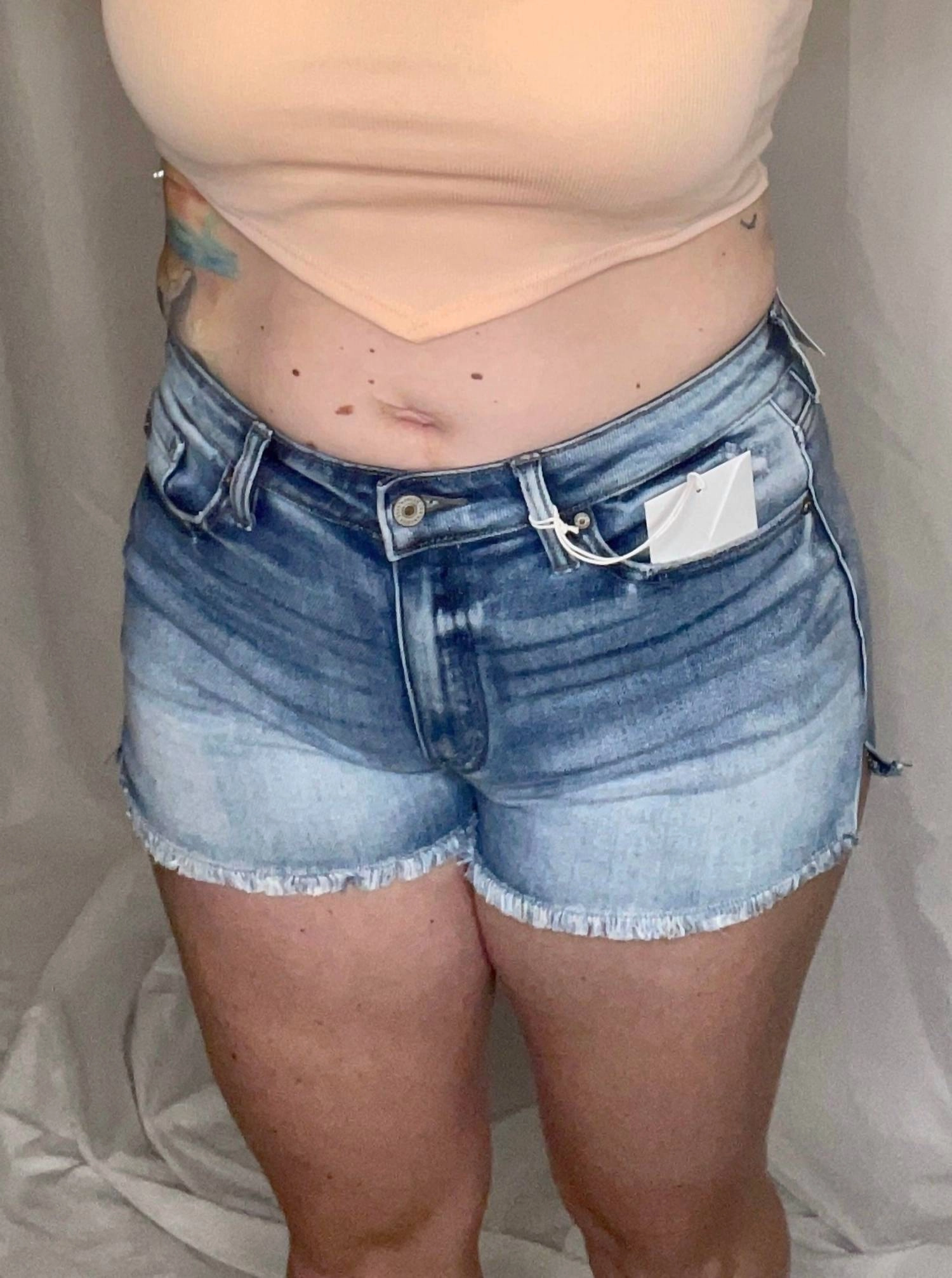 Hazel High Rise Denim Shorts In Medium Wash Chafe Resistant Lining