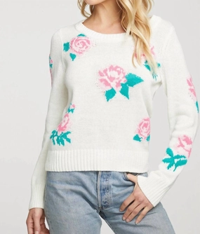 Floral Cotton Blend Long Sleeve Crew Neck Sweater In Rice Cold Day Fashion Everyday Chic