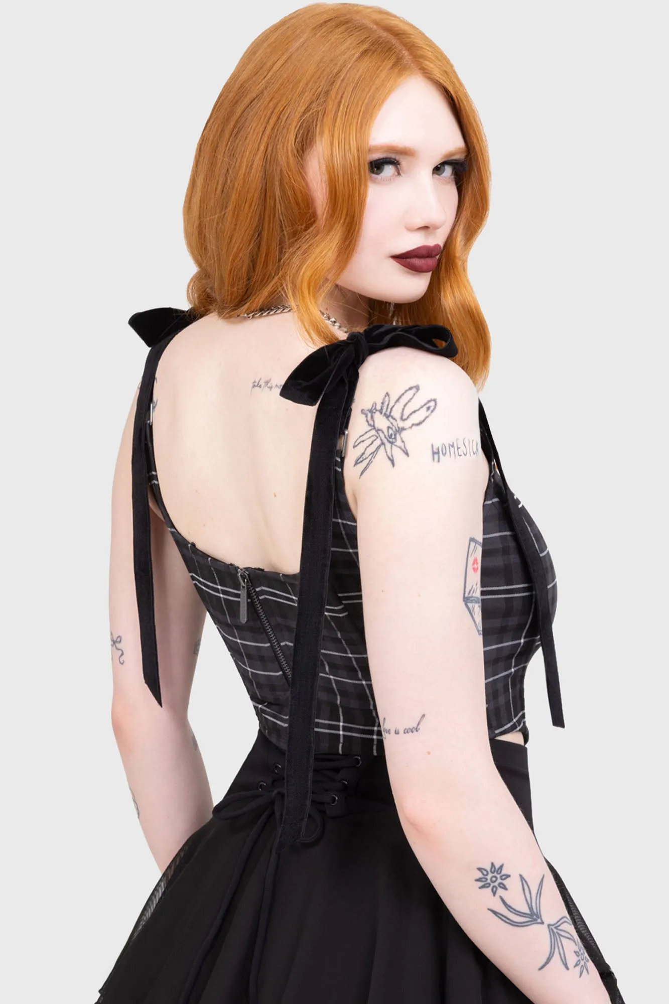 Tartan Flora Corset Top [GREY] Versatile Layering Piece Layered Collar Design