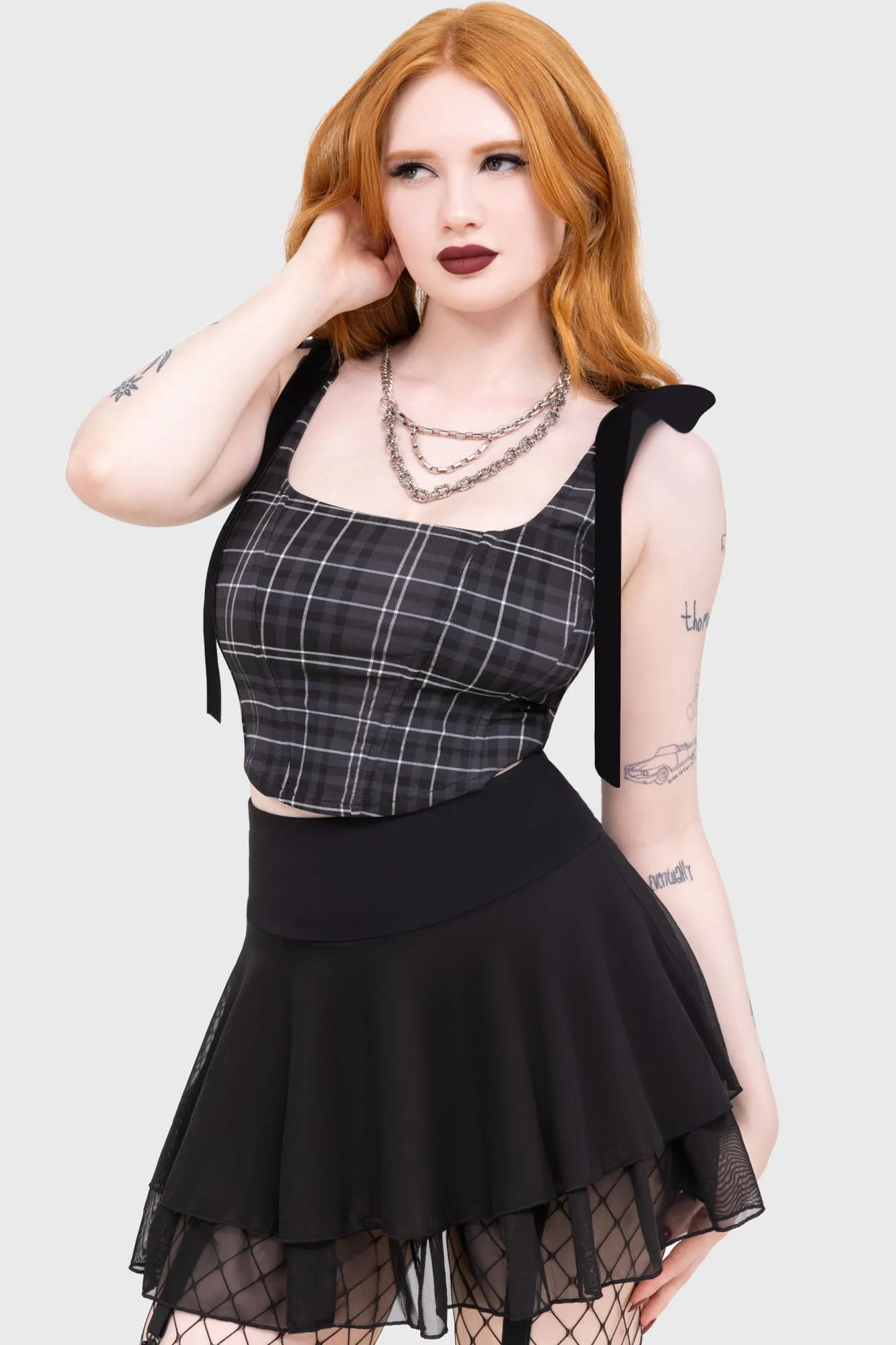 Tartan Flora Corset Top [GREY] Ergonomic Shoulder Cut Fade Resistant Coating