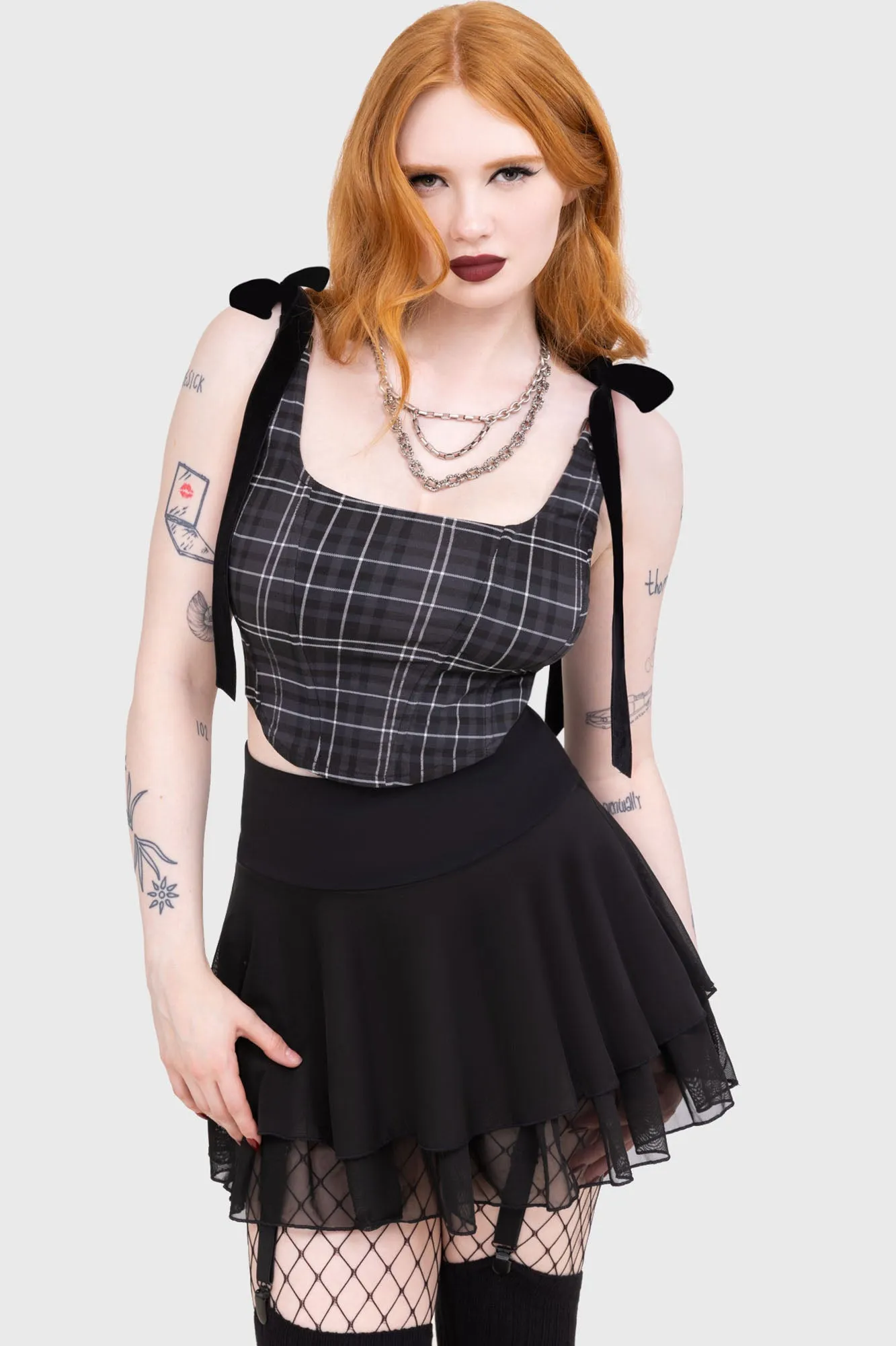 Elasticated Trim VentilatedBackPanel Tartan Flora Corset Top [GREY]
