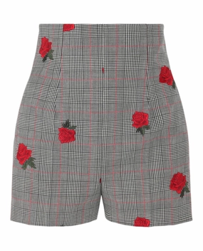 suede look Trend Essential Rose-Embroidered Check-Print Shorts