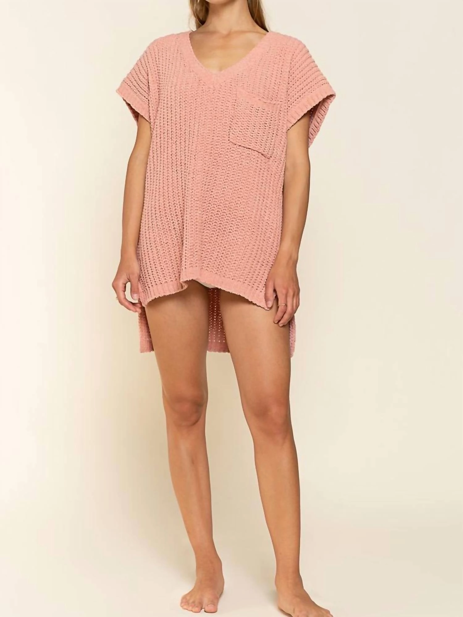 High-Low Short Sleeve Chenille Sweater In Salmon Pink Knitwear Design Warm Layering