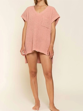 High-Low Short Sleeve Chenille Sweater In Salmon Pink Ultimate Warmth Basic Must-Have