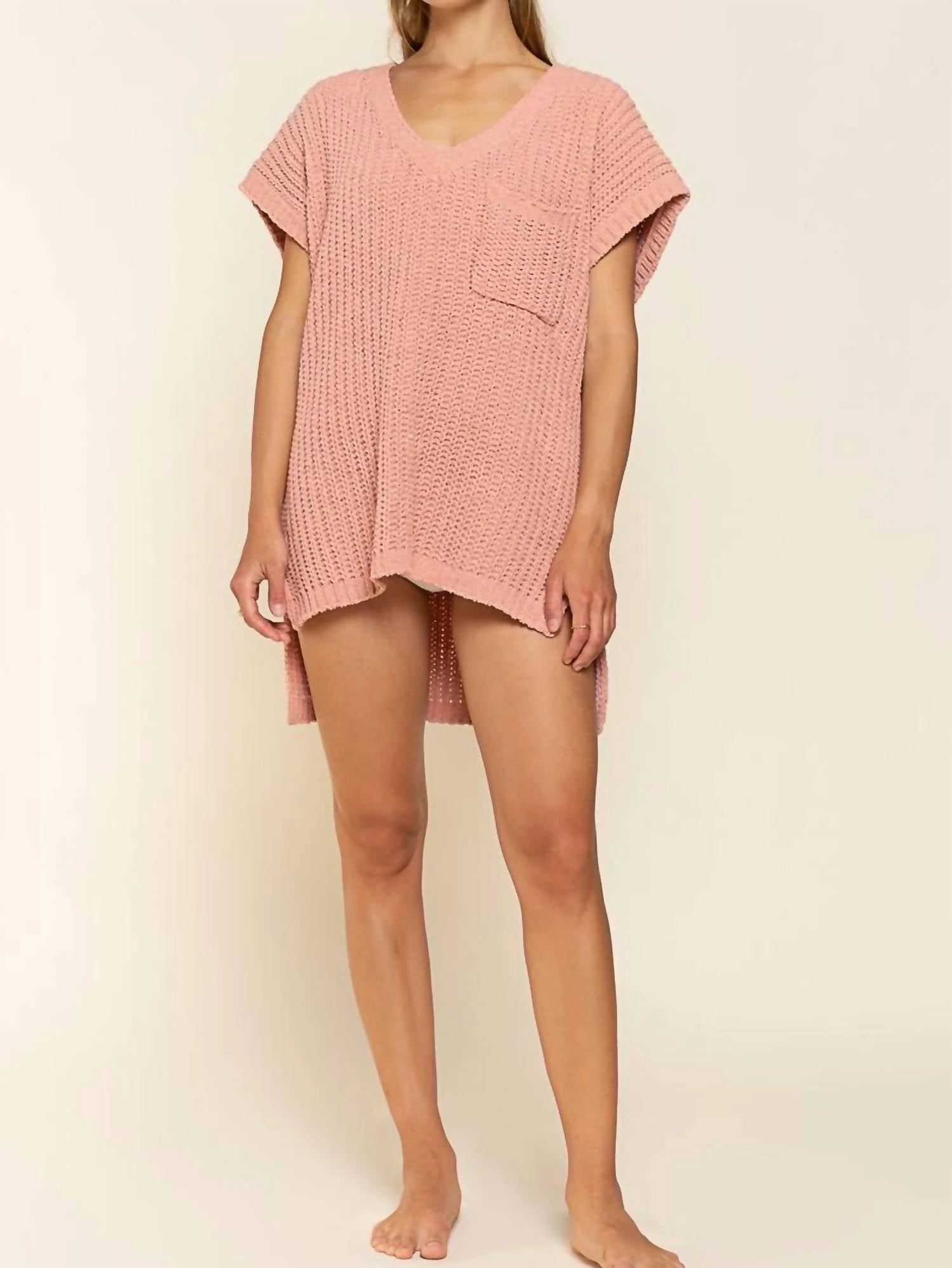 High-Low Short Sleeve Chenille Sweater In Salmon Pink Ultimate Warmth Basic Must-Have
