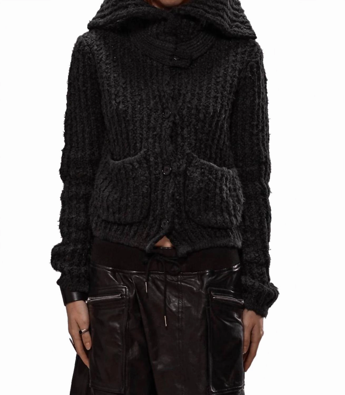 High Neck Shrunken Cardigan Sweater In Washed Black Essential Knit Style