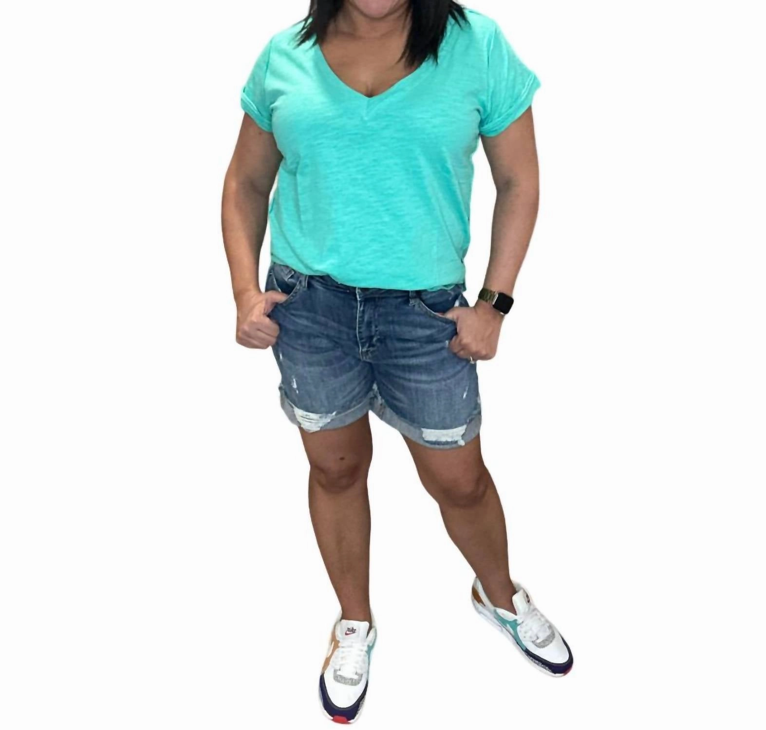 Fun Prints Ergonomic Curved Seams High Rise Distressed Mid Thigh Shorts In Medium Wash