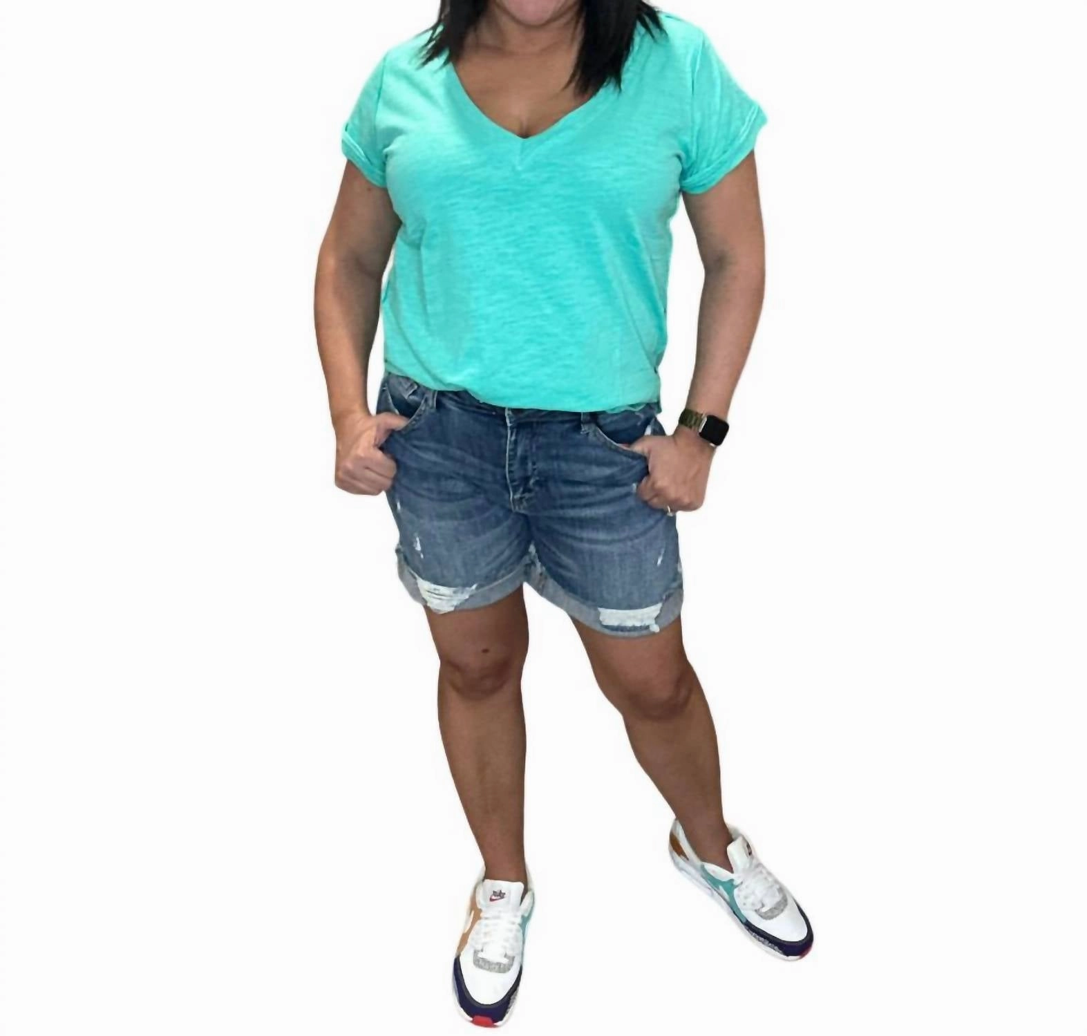 dungarees High Rise Distressed Mid Thigh Shorts In Medium Wash