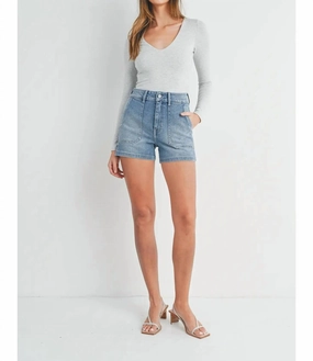 Leather Look High Rise Utility Cargo Short In Light Denim