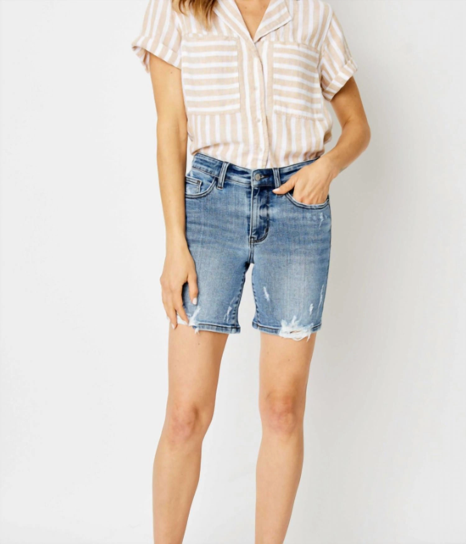 Rubberized Waist Grip High Waist Destroyed Hem Bermuda Shorts In Medium Blue