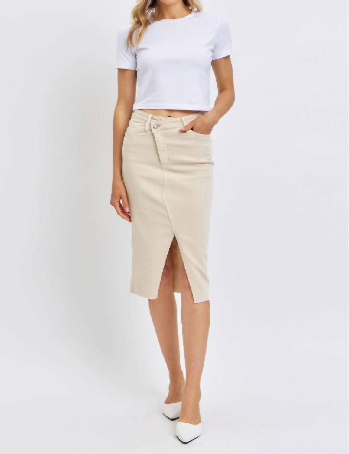 High Waist Garment Dyed Criss-Cross Front Slit Long Skirt In Bone Cruise Attire Refined Sophistication
