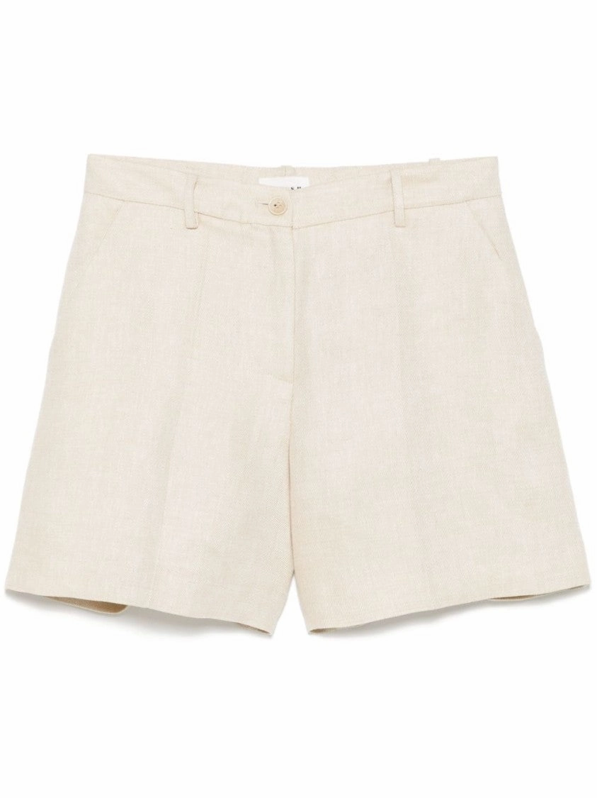 Beige Linen Tailored Shorts With High Waist Compression Fit