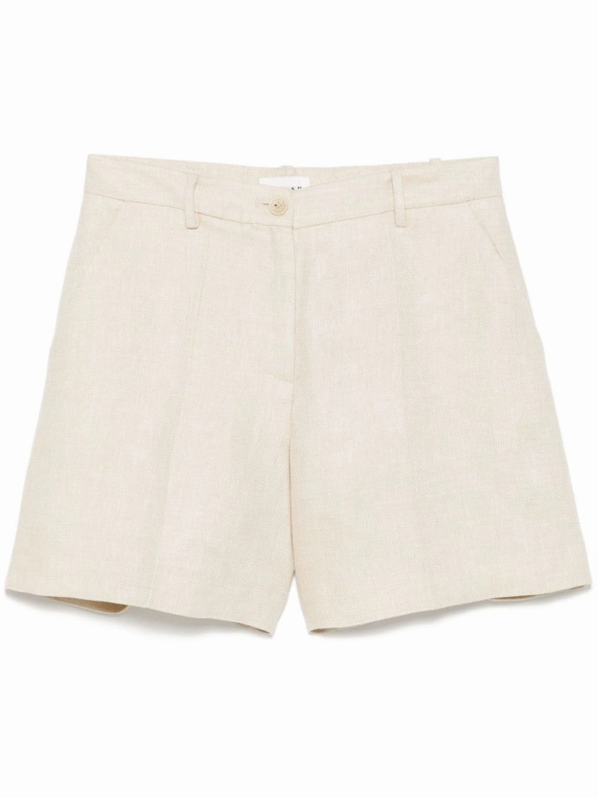 Beige Linen Tailored Shorts With High Waist silk blend