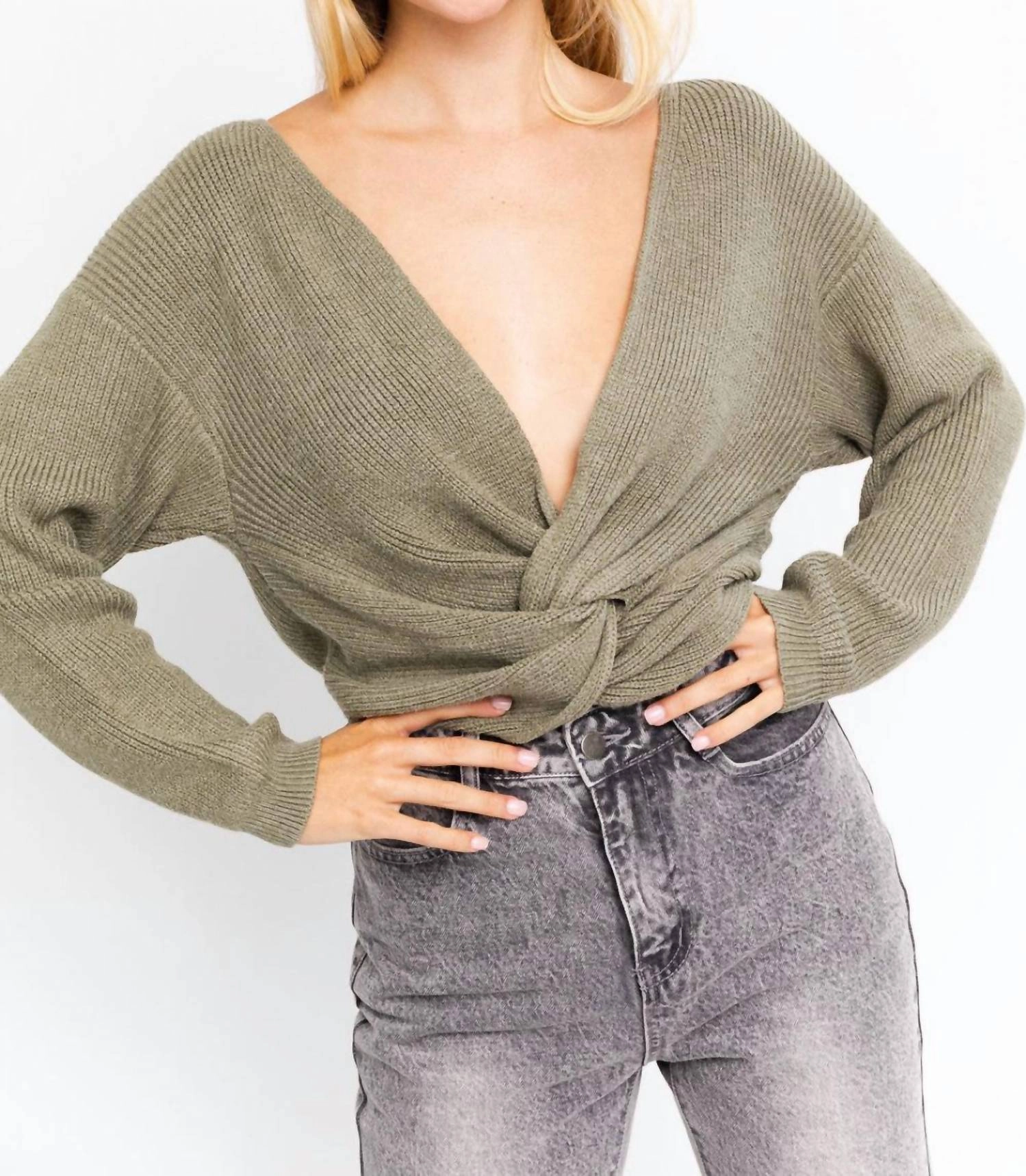 Light Knit Machine washable Hold Me Close Twisted Sweater Top In Sage