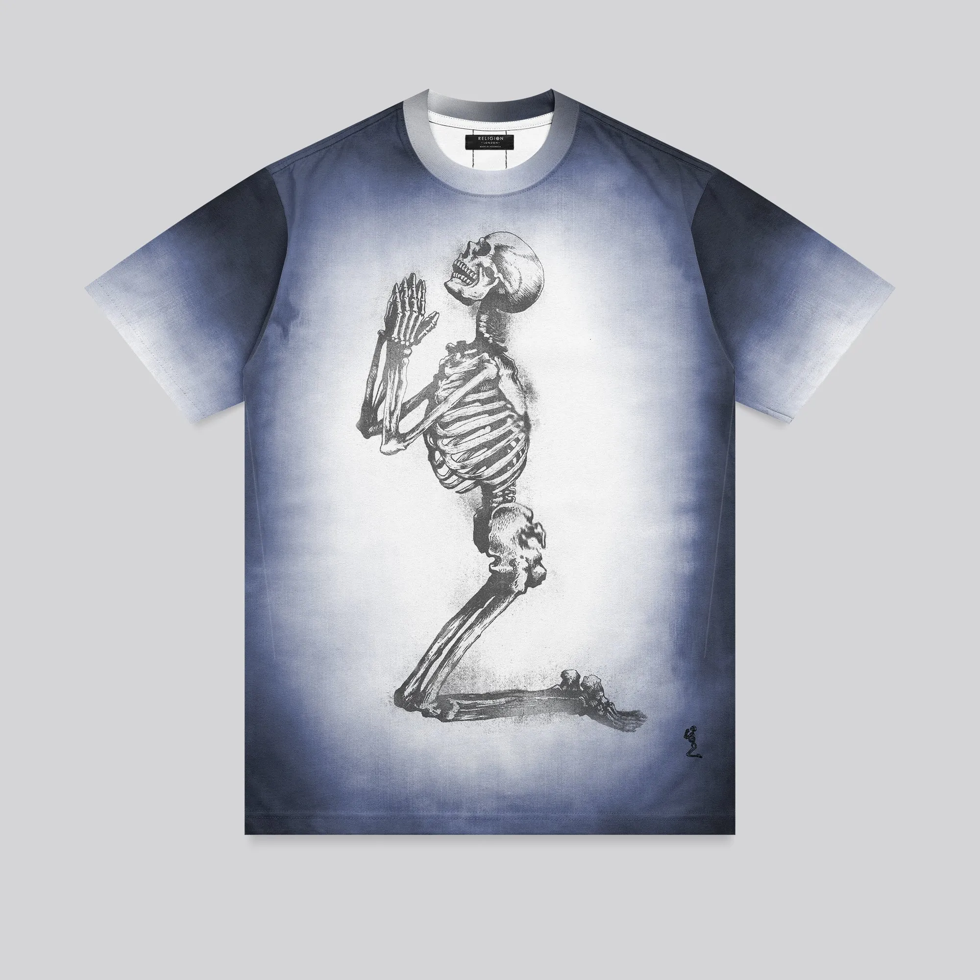 Men's masculinity Sustainable Production Process PRAYING SKELETON T-SHIRT BLUE
