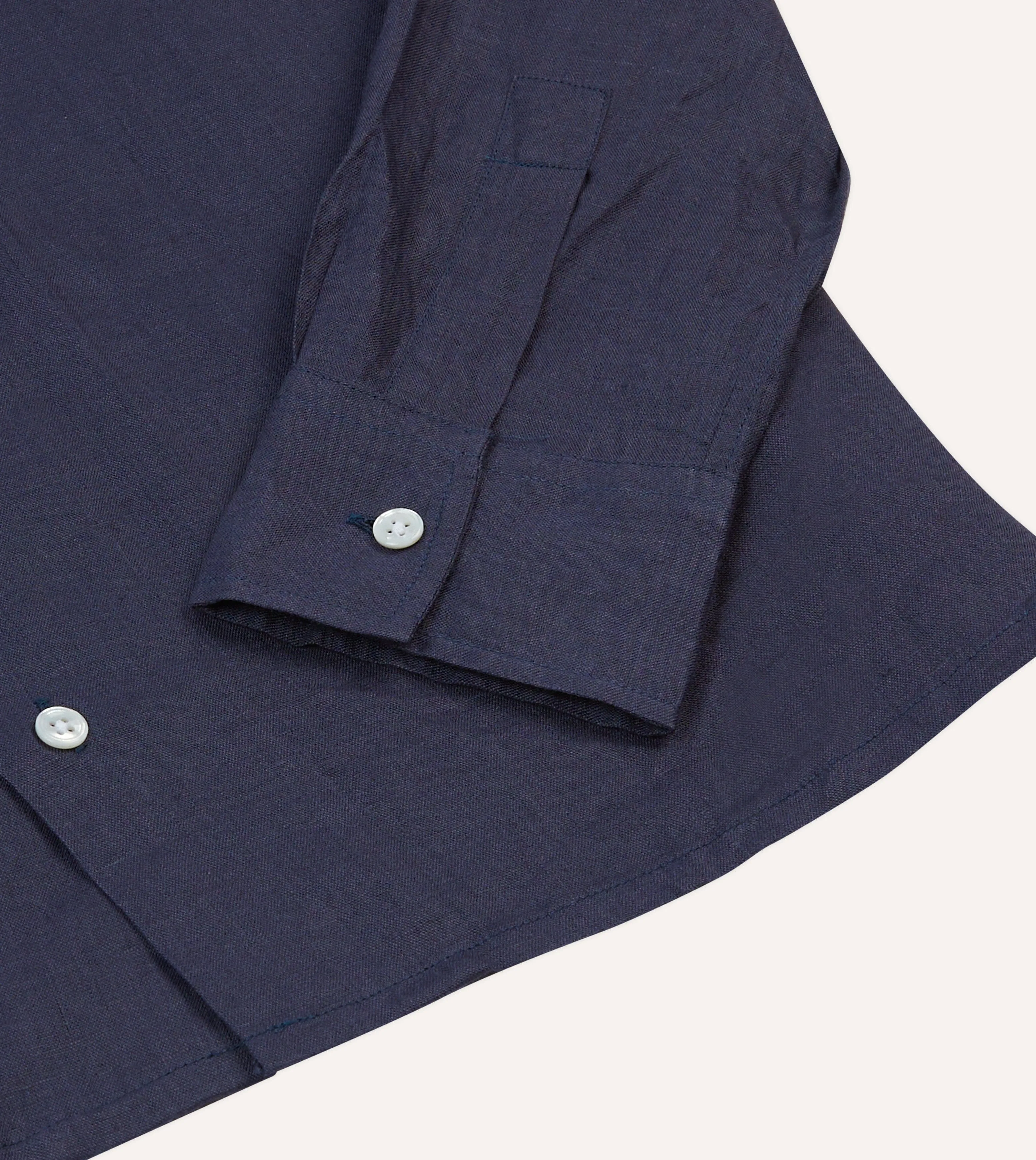 Navy Linen Camp Collar Long Sleeve Shirt Luxury Feel Snag Free Surface