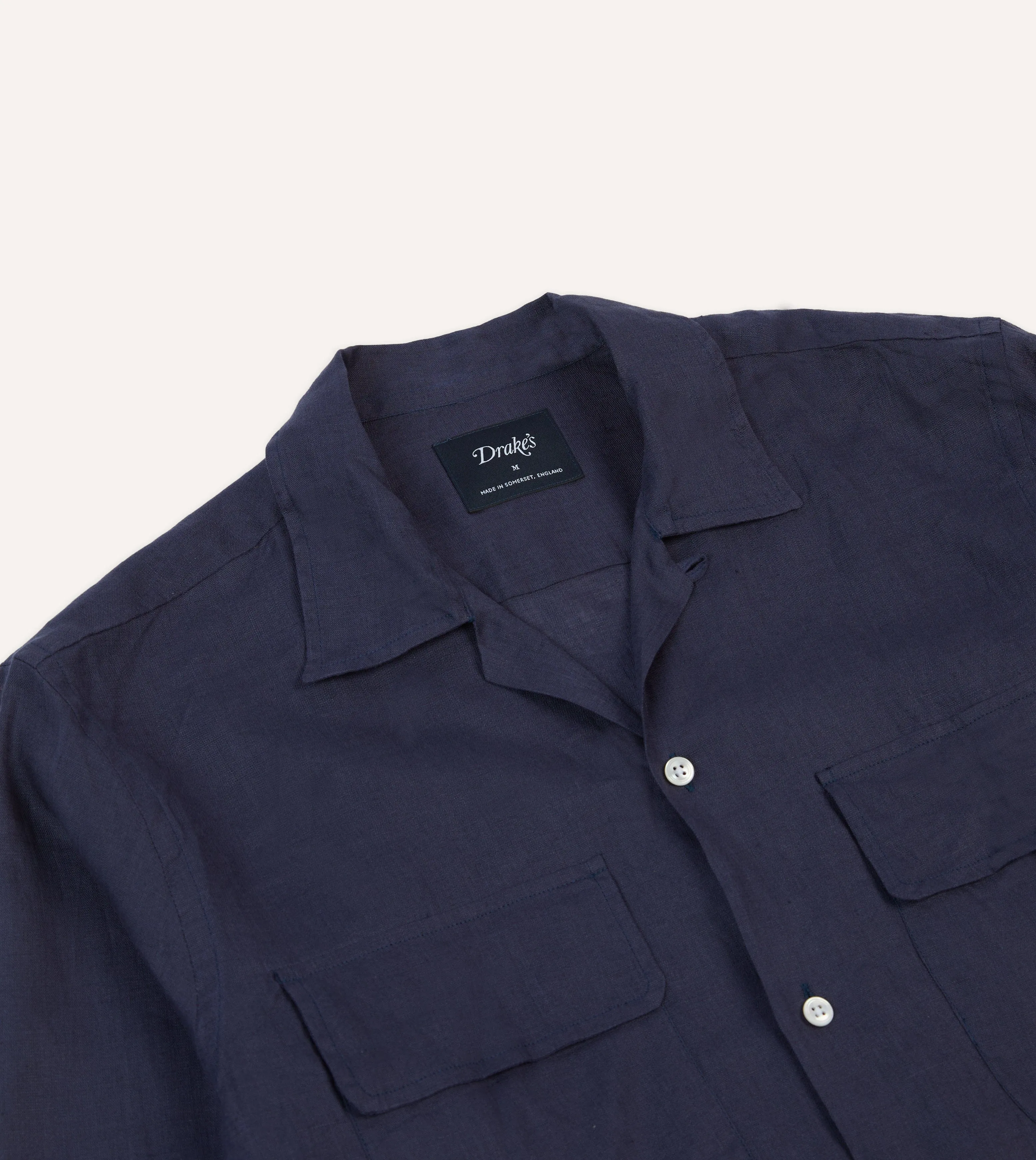 Navy Linen Camp Collar Long Sleeve Shirt Quick Release Cuffs