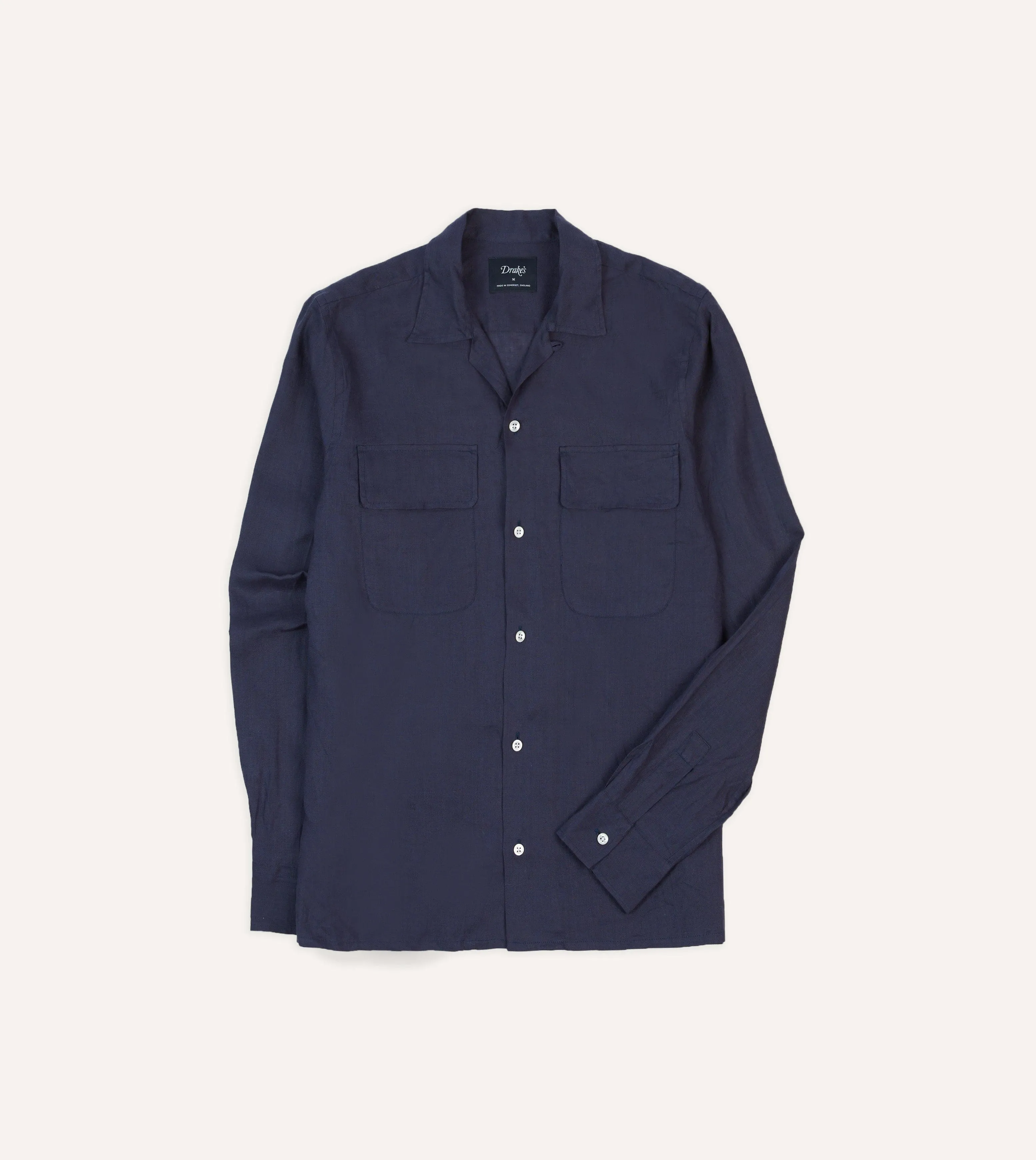 Reinforced Hems vacation wear Navy Linen Camp Collar Long Sleeve Shirt