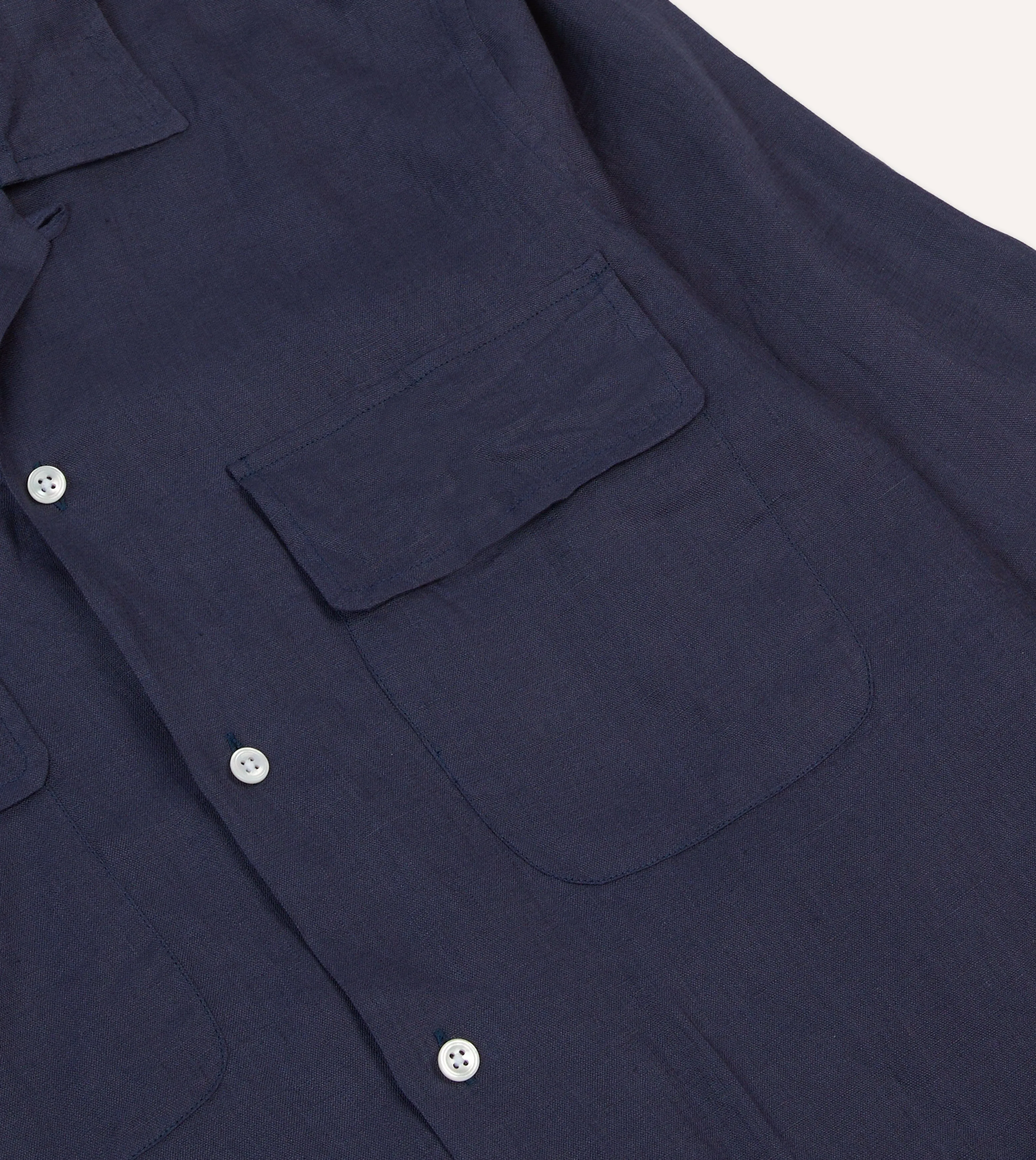 High-End Fashion Navy Linen Camp Collar Long Sleeve Shirt