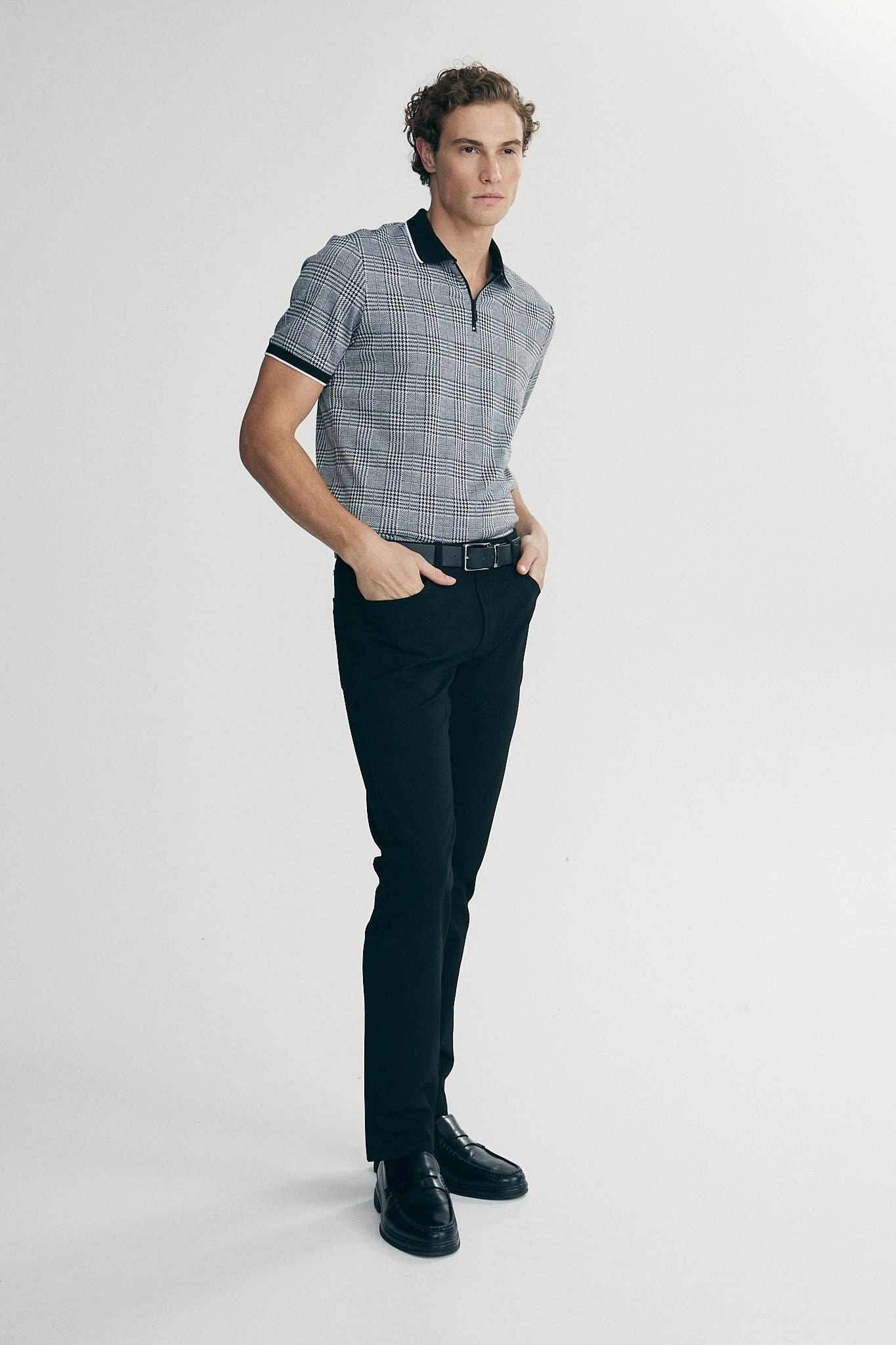 Simple Style Houndstooth zip polo