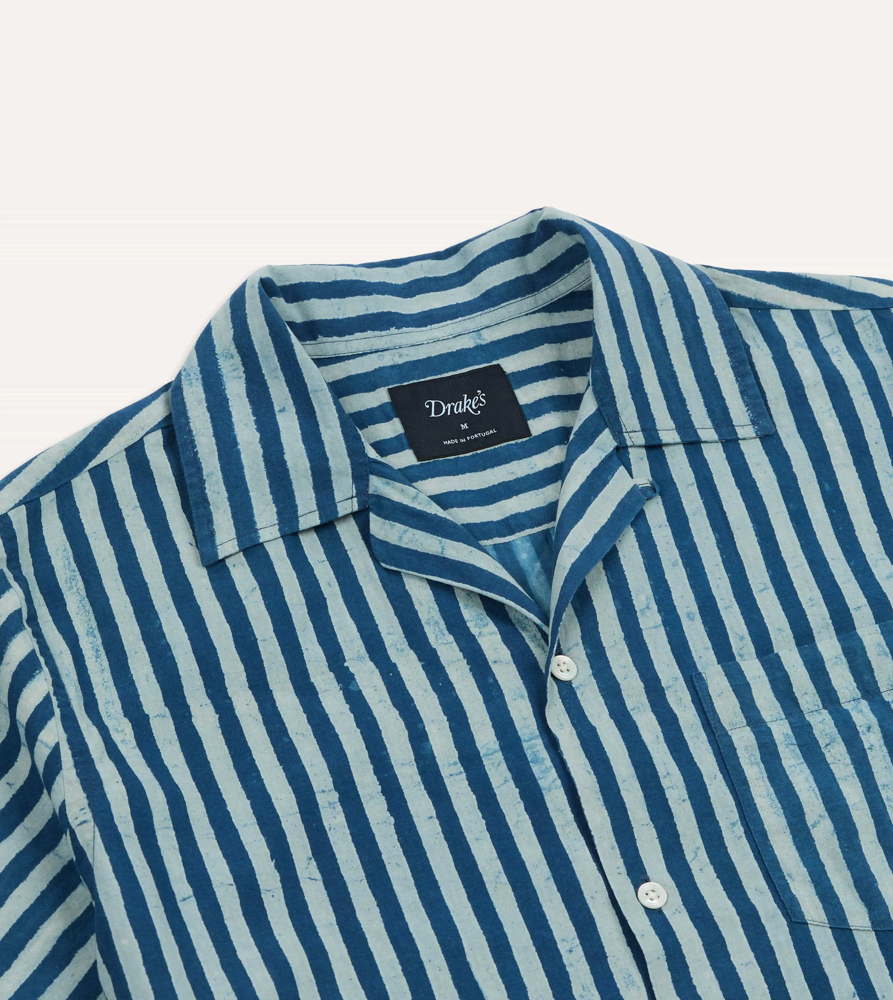 Indigo Stripe Block Print Cotton Camp Collar Short Sleeve Shirt Wardrobe Essential family gathering